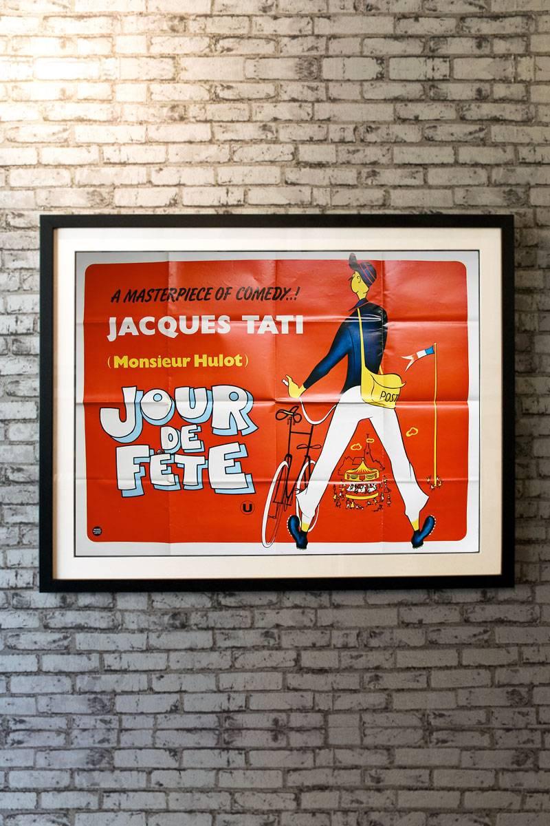 Starring Guy Decomble, Jacques Tati, Paul Frankeur, Santa Relli. Directed by Jacques Tati. An unrestored poster with bright color and a clean overall appearance. It may have general signs of use, such as slight fold separation and fold wear,