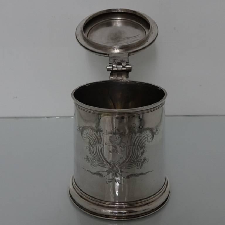 Charles II Antique Sterling Silver Lidded Tankard Maker Rm Conjoined In Excellent Condition In 53-64 Chancery Lane, London