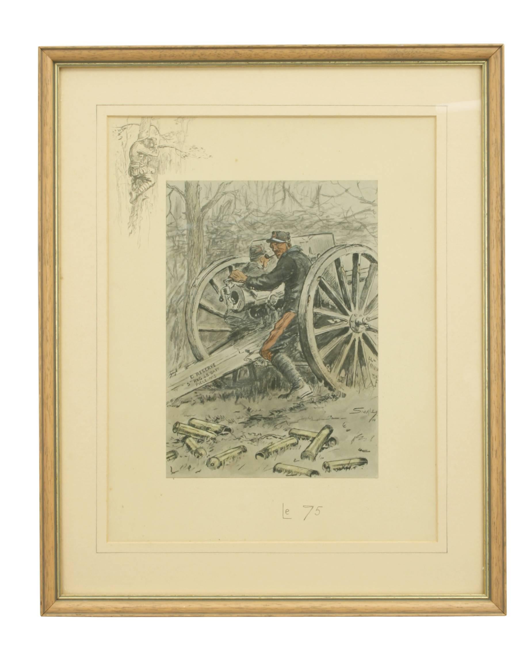 Vintage Snaffles WWI military print, Le 75.
A good hand colored Snaffles WWI military print 'Le 75'. The lithograph shows a French artilleryman firing a 75 mm field gun. At the opening of World War I the French Army had about 4,000 of these 75mm