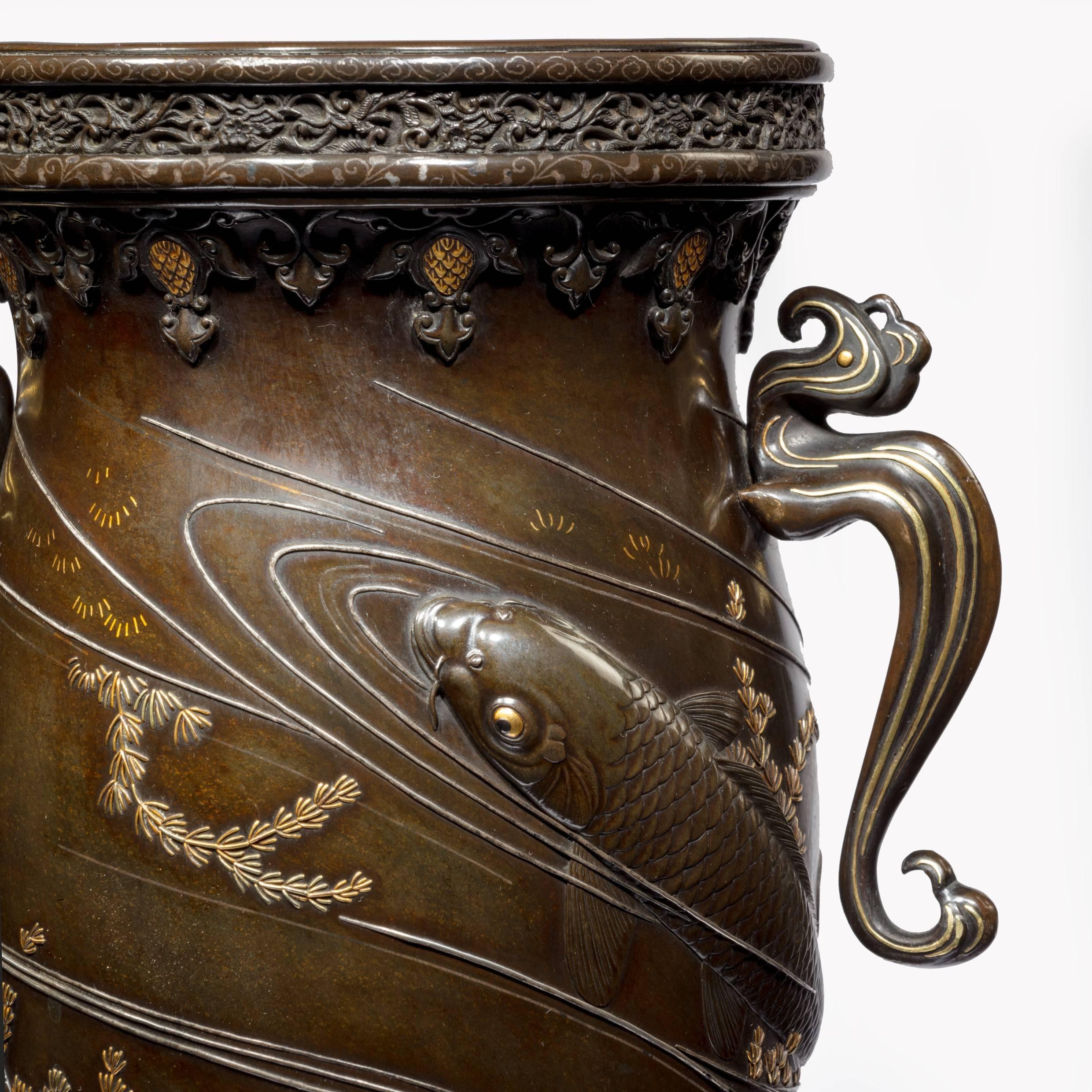 Japanese Pair of Exhibition Quality Meiji Period Bronze Vases