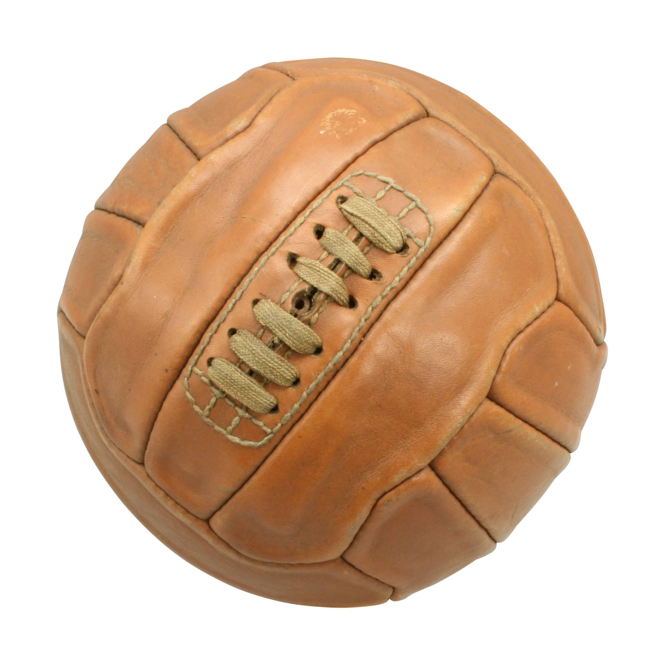 This is an excellent vintage football or soccer ball with traditional 18-panels in tan leather in very good original condition. The ball has a lace-up slit to the top to enable bladder inflation. This ball is as new and has never been used.
