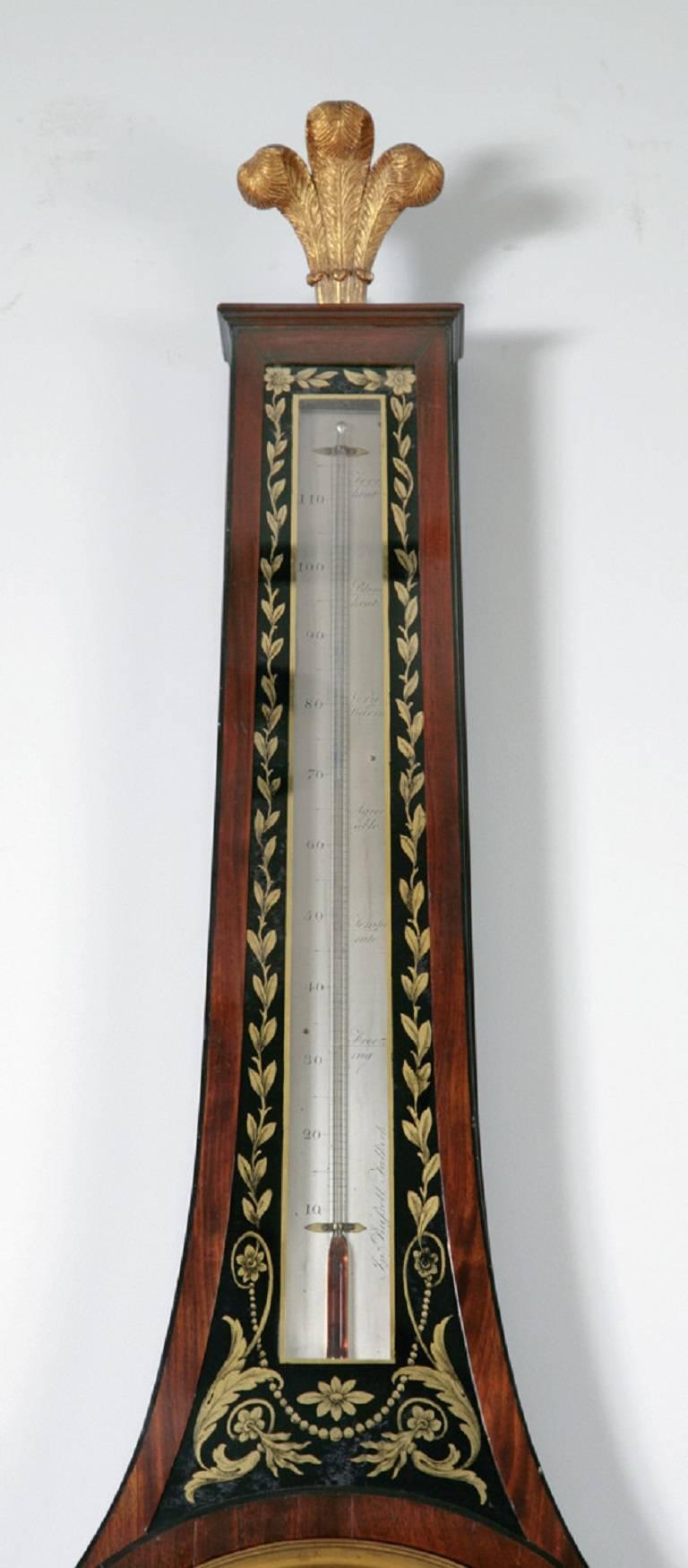 A fine and extremely rare early 19th Century Regency period wheel barometer by John Russell of Falkirk, barometer maker to the Prince Regent. This elegant barometer has a frame veneered in figured mahogany, with ebony stringing, and is surmounted by