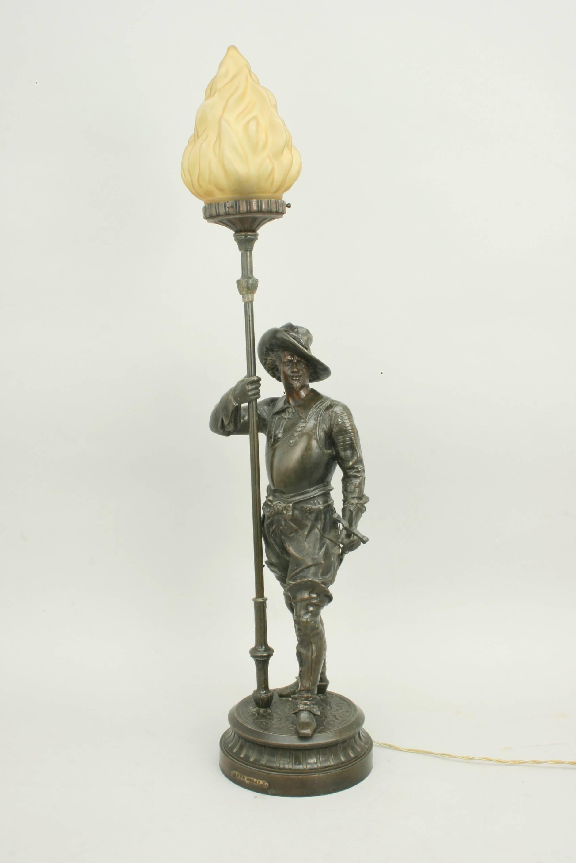 Bronzed cavalier lamp.
A wonderful French bronzed spelter sculpture of a cavalier. The figure is mounted on a circular plinth with a brass plaque mounted on the front with title and artist on it 'Don Cesar' Par Poitevin. An attractive table lamp