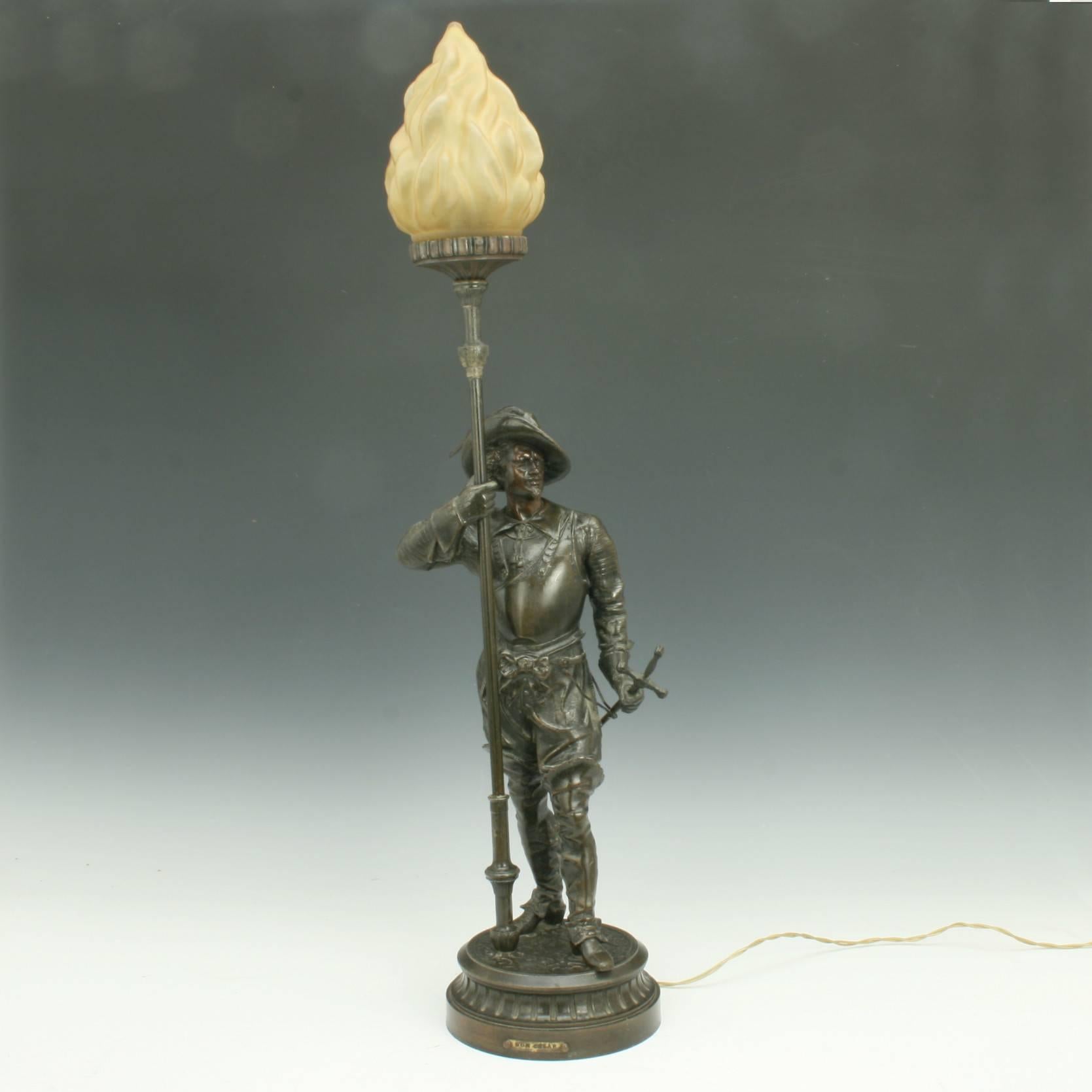 Late 19th Century Bronzed Spelter Cavalier Lamp