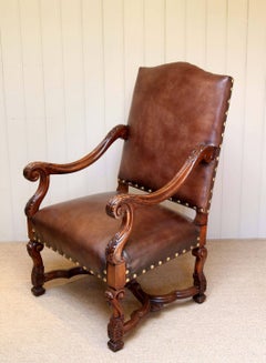 French Carved Wooden Leather Chair