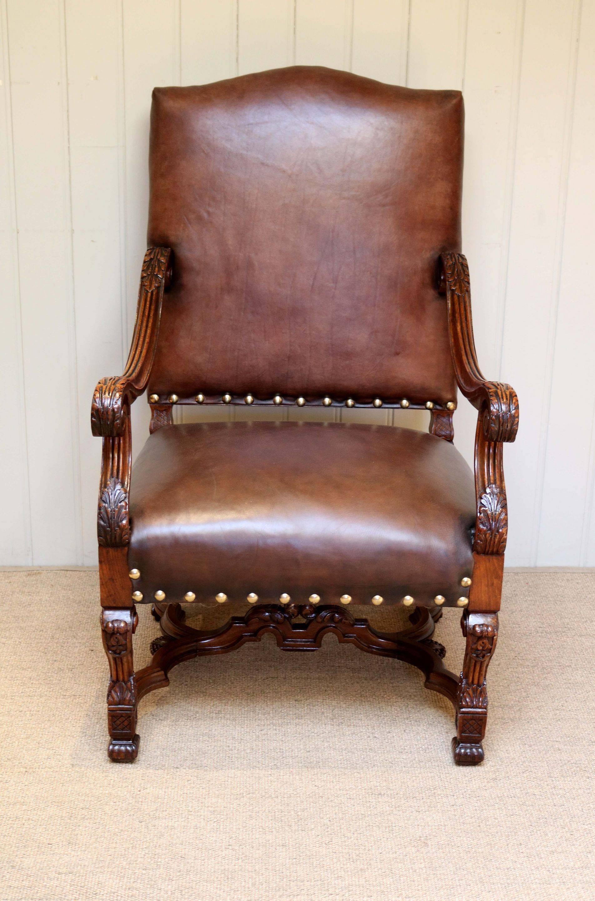French Carved Wooden Leather Chair For Sale 1