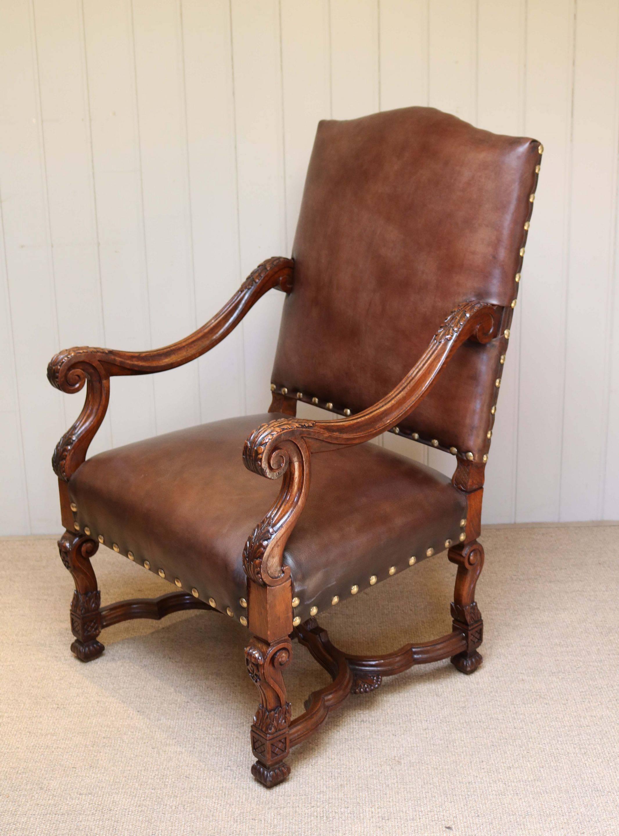 French Carved Wooden Leather Chair For Sale 2
