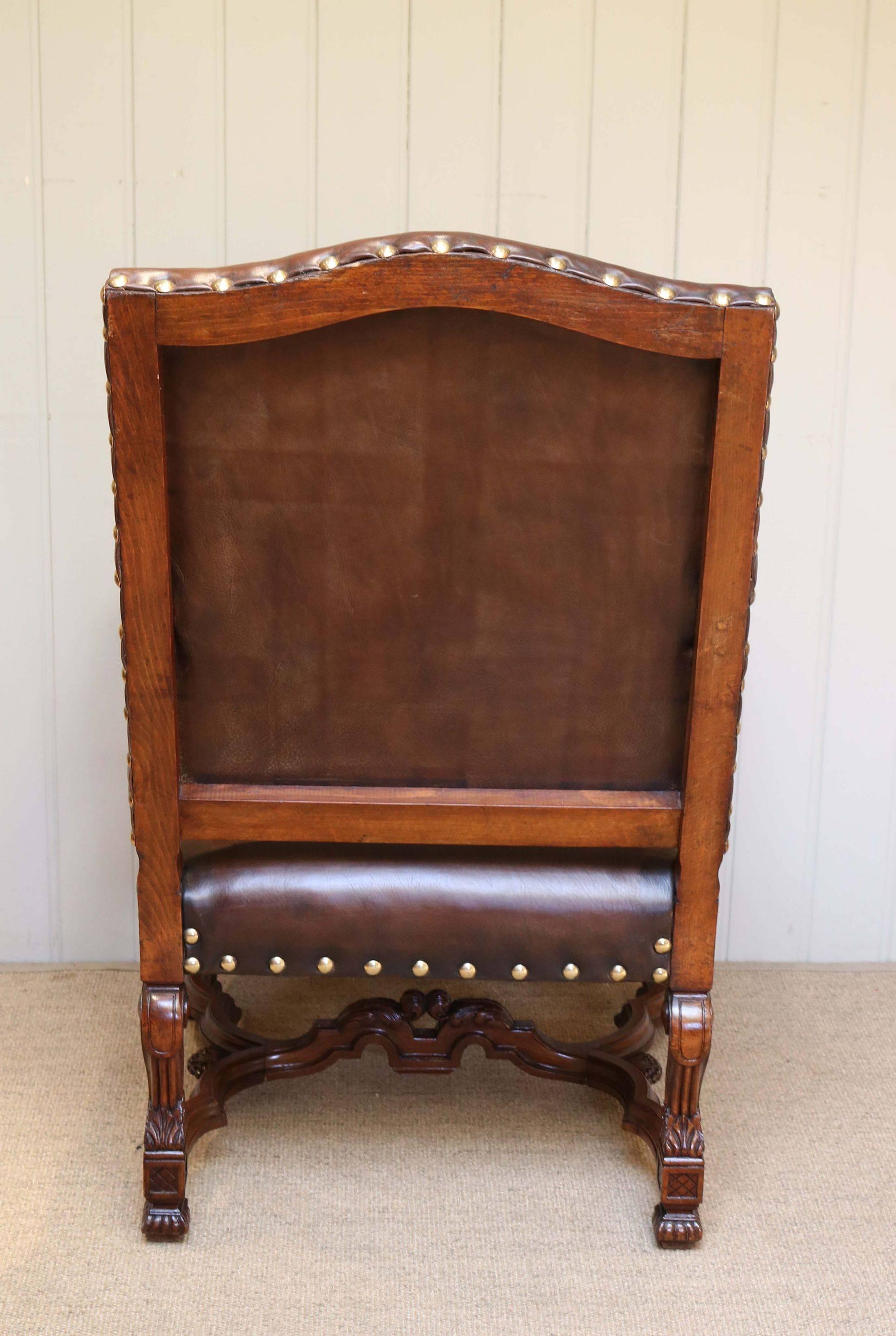 French Carved Wooden Leather Chair For Sale 3