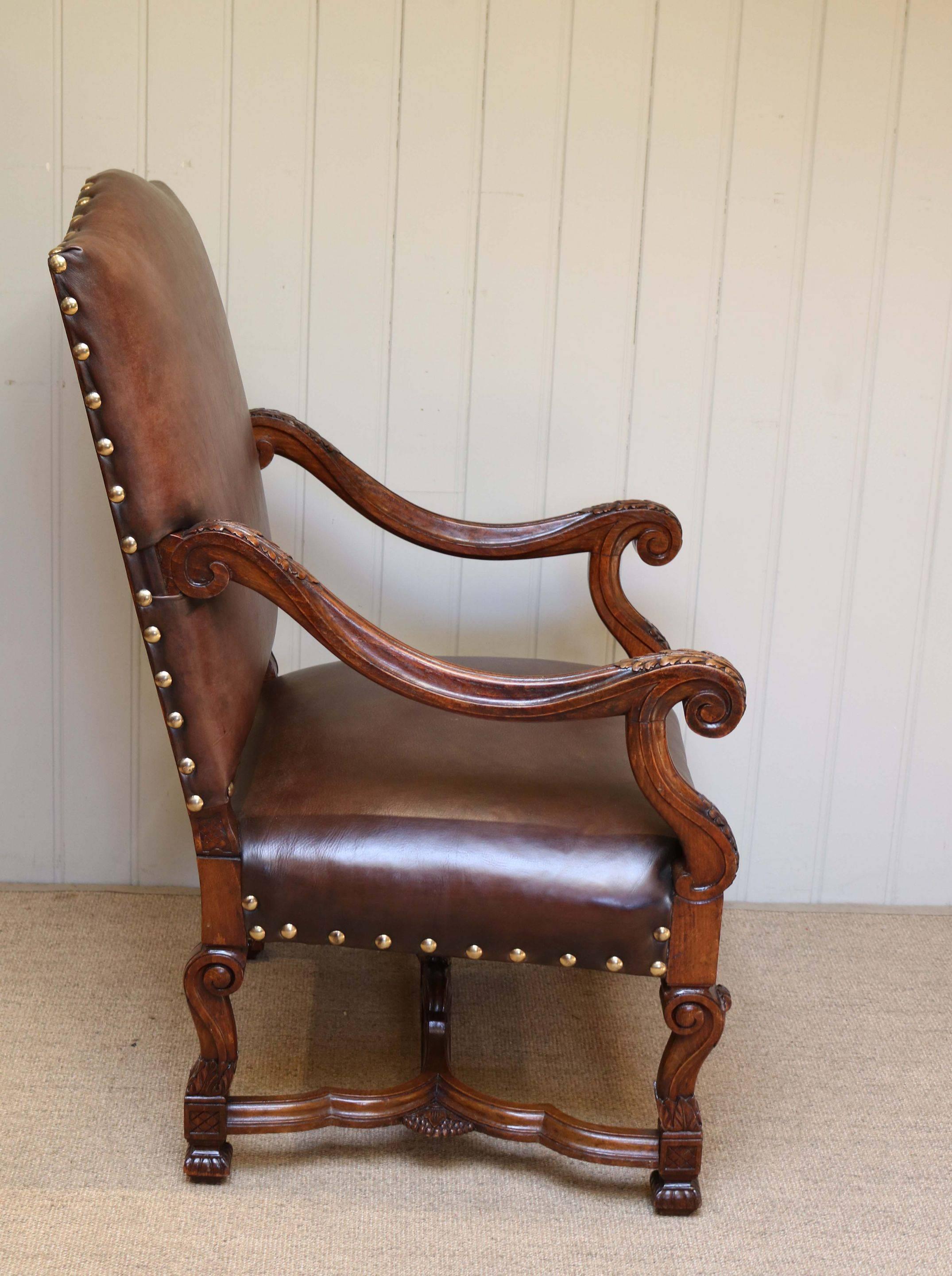 French Carved Wooden Leather Chair For Sale 4