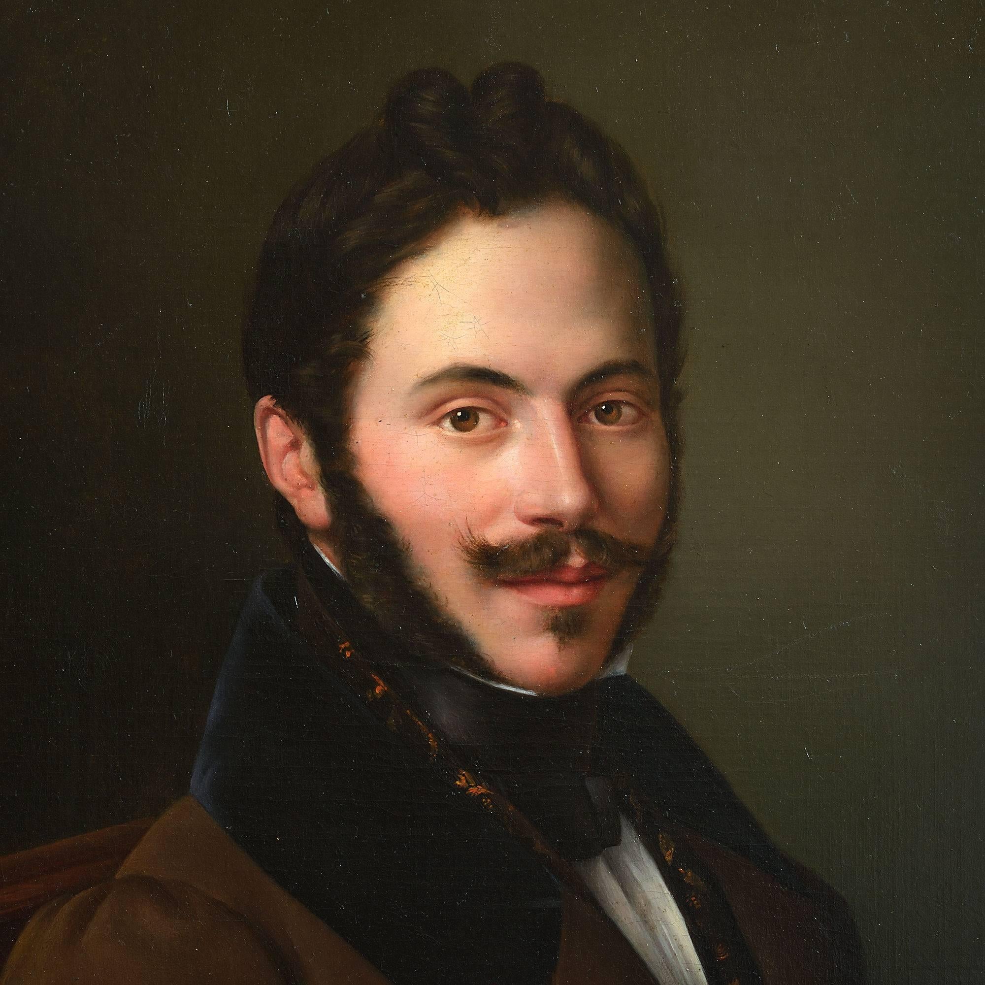 Portrait of Alfred de Boufeir by Eduard Pingret (1788-1875) 

Pingret was a pupil of David and continued the neoclassical tradition of portraiture in France beyond the Empire Period. 

Set within the original Empire period frame: 35 x 29 inches.