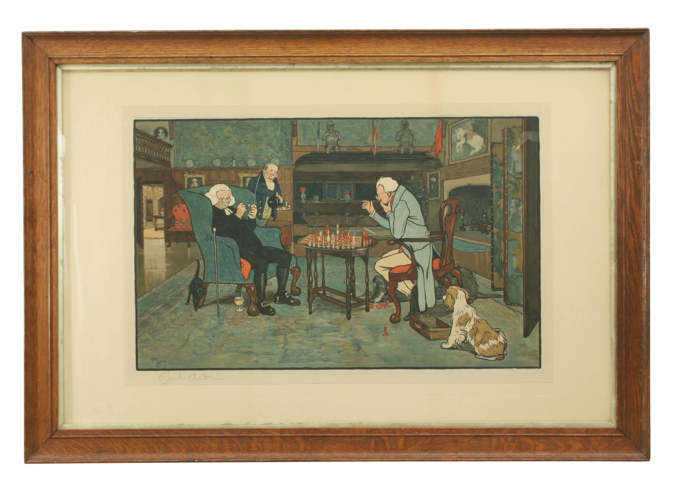Vintage pair of Cecil Aldin prints 'Mated' and 'Revoked'.
A pair of rare original gaming chromolithographs by Cecil Aldin in the original oak frames. The colourful pictures are titled 'Mated' and 'Revoked' and each picture signed by the artist in