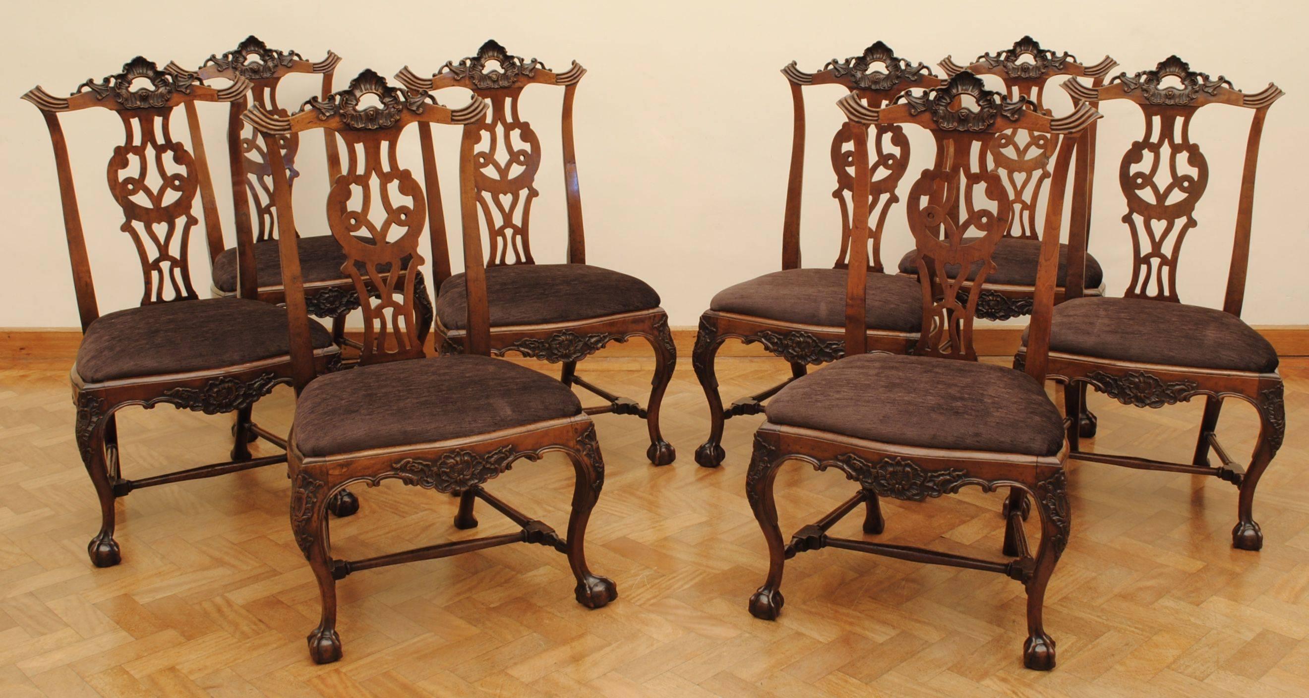 Late 18th Century Set of Eight Portuguese Walnut Chippendale Influenced 18th Century Chairs