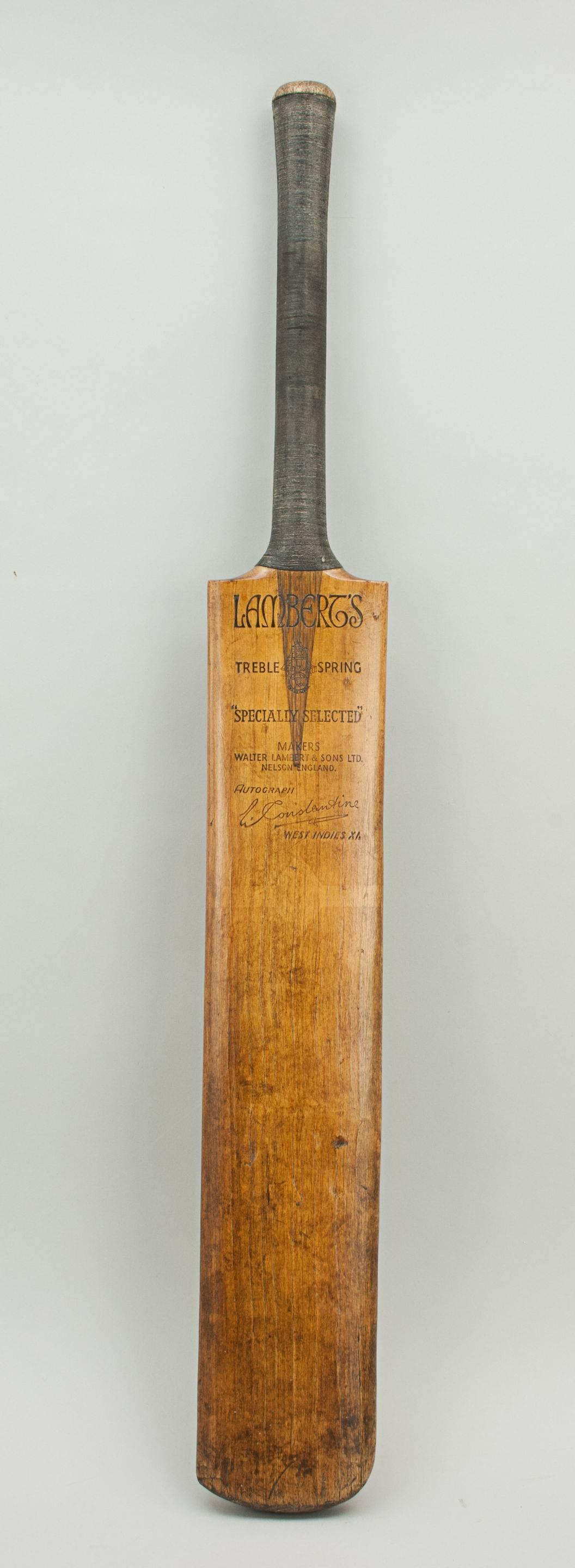 Vintage Lambert's cricket bat.
A willow cricket bat with good color and strung grip made by Walter Lambert & Sons. The blade is embossed 'Lambert's, Treble Spring, 'Specially Selected', Makers Walter Lambert & Sons Ltd., Nelson England'. It