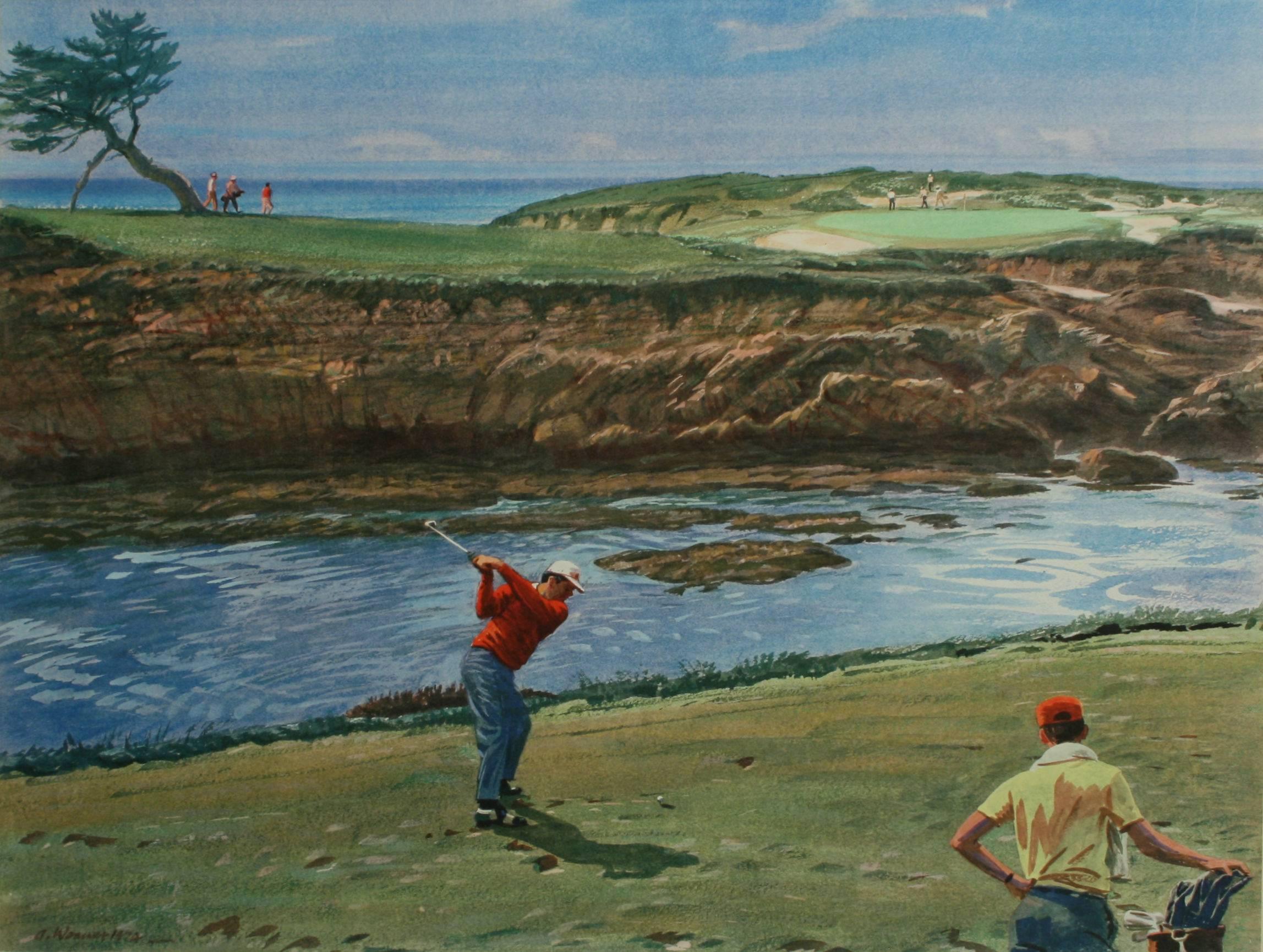 Arthur Weaver golf print, Cypress Point. 
A good large golfing photolithograph taken from the original painting by Arthur Weaver; Cypress Point, view from the 16th tee, Lee Trevino drives. 
Signed in pencil by the artist with hand drawn pencil