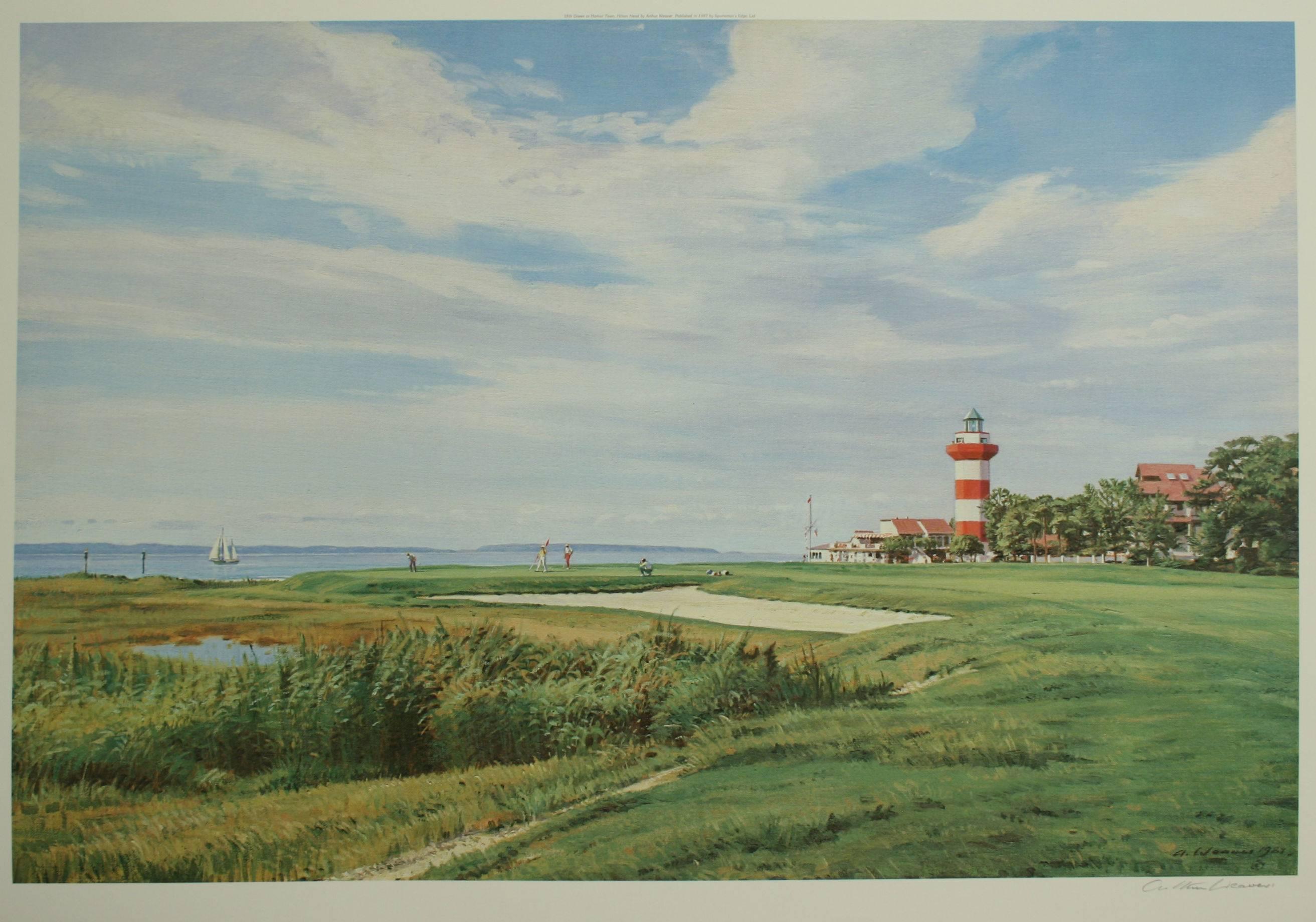 Arthur Weaver golf print, Hilton Head, Harbor Town. 
A good large golfing photolithograph taken from the original painting by Arthur Weaver; 18th green, at Harbor Town, Hilton Head. Published by Sportsman's edge, Ltd 
Signed in pencil by the