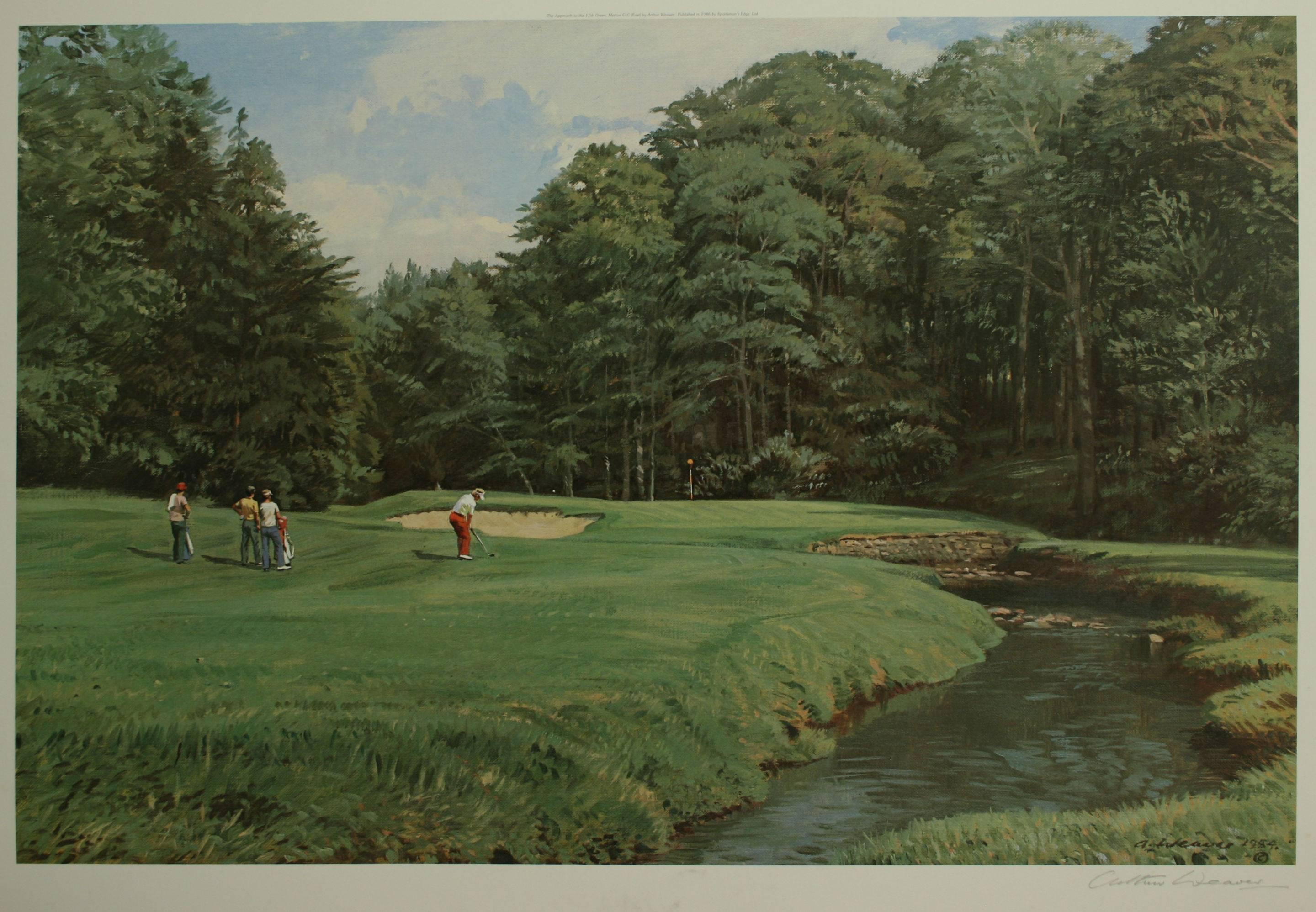 Arthur Weaver golf print, Merion Golf Club.
A good large golfing photolithograph taken from the original painting by Arthur Weaver; the approach to the 11th green, Merion GC (East). Pub. 1986 by Sportsman's edge, Ltd.
Signed in pencil by the