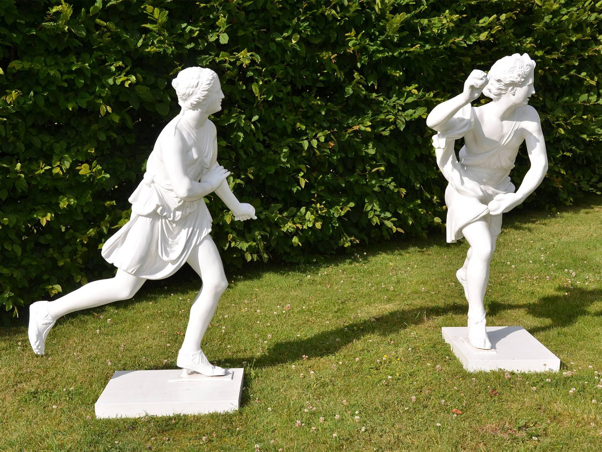 American Pair of Painted Zinc Statues of Hippomenes and Atalanta For Sale