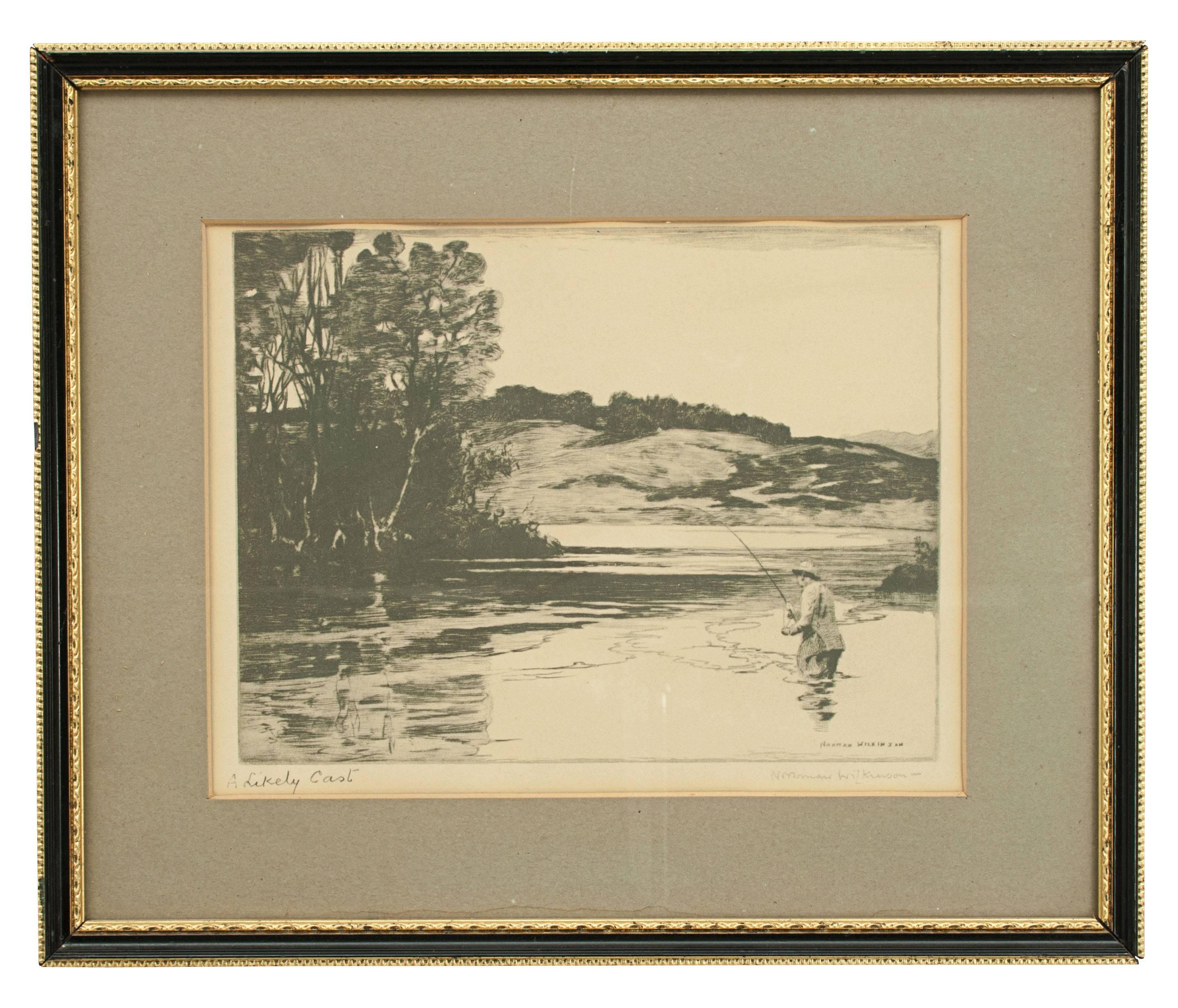 Set of six fishing pictures by Norman Wilkinson. 
Six black and white fishing illustrations by Norman Wilkinson. The fishing prints are titled 01 - Up The Fall, 02 - The Bewitched Pool. River Orchy, 03 - A Likely Catch, 04 - An Anglers Paradise, 05