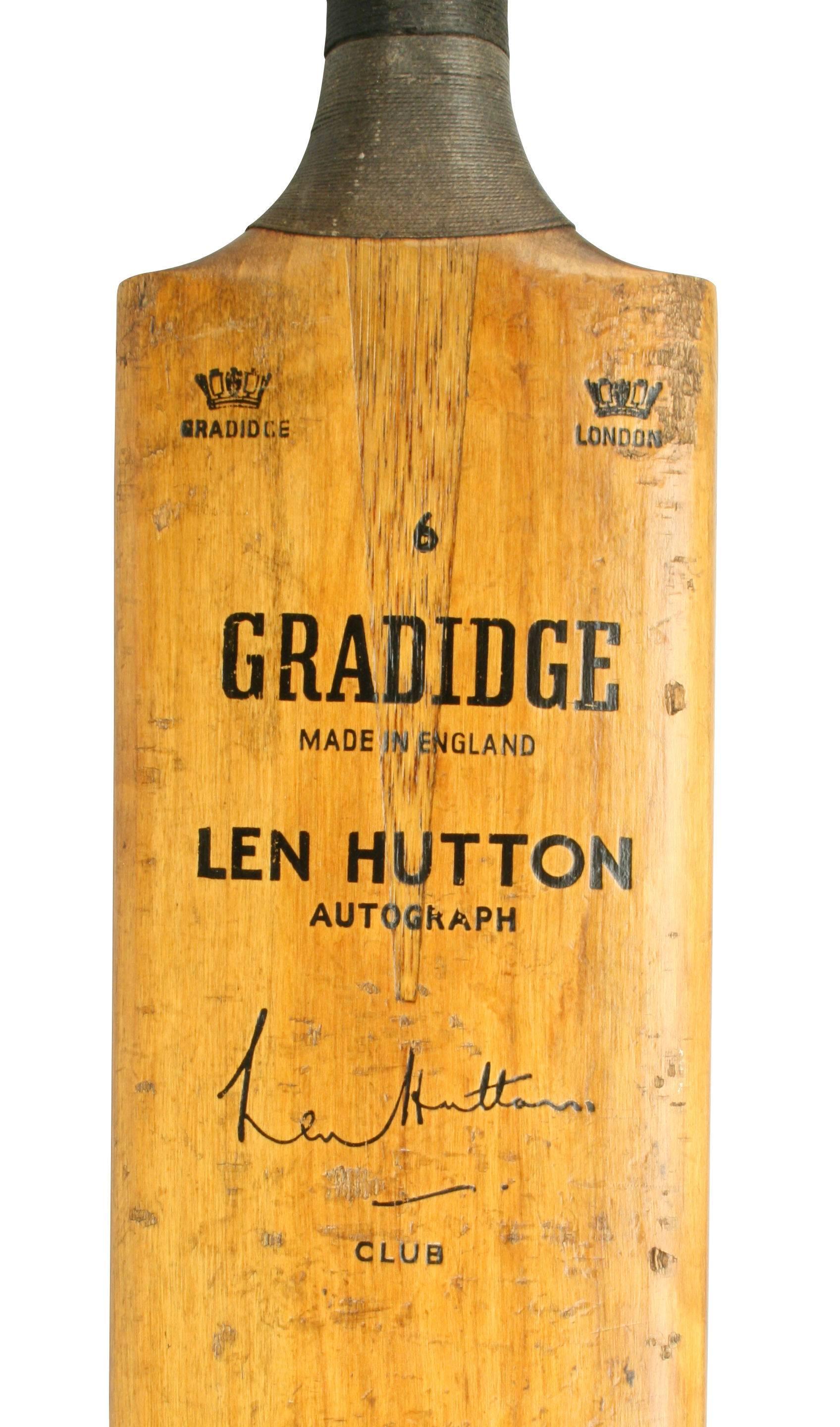 Vintage gradidge cricket bat, Len Hutton.
A willow cricket bat with good color and strung grip made by Gradidge. The blade is embossed 'Graddige', Len Hutton Autograph' with a facsimile autograph of Leonard Hutton underneath. The bat is in good