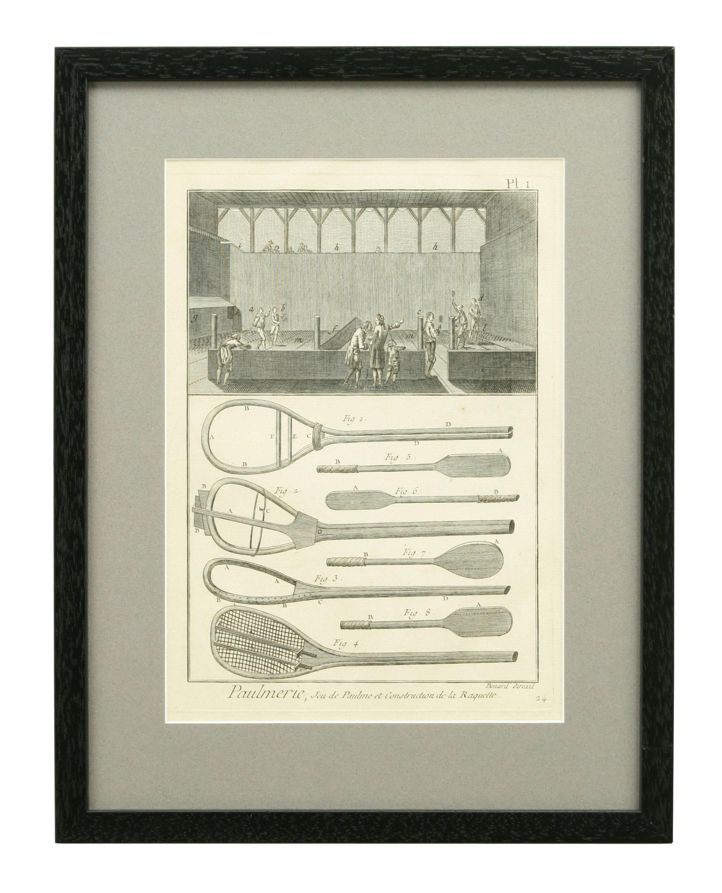 A set of rare 18th century Tennis engravings. The nine engravings are images of real tennis rackets, how they are made and tools used. Also details of the court and one image on billiards. The engravings are from the 'Encyclopedia' by Denis Diderot