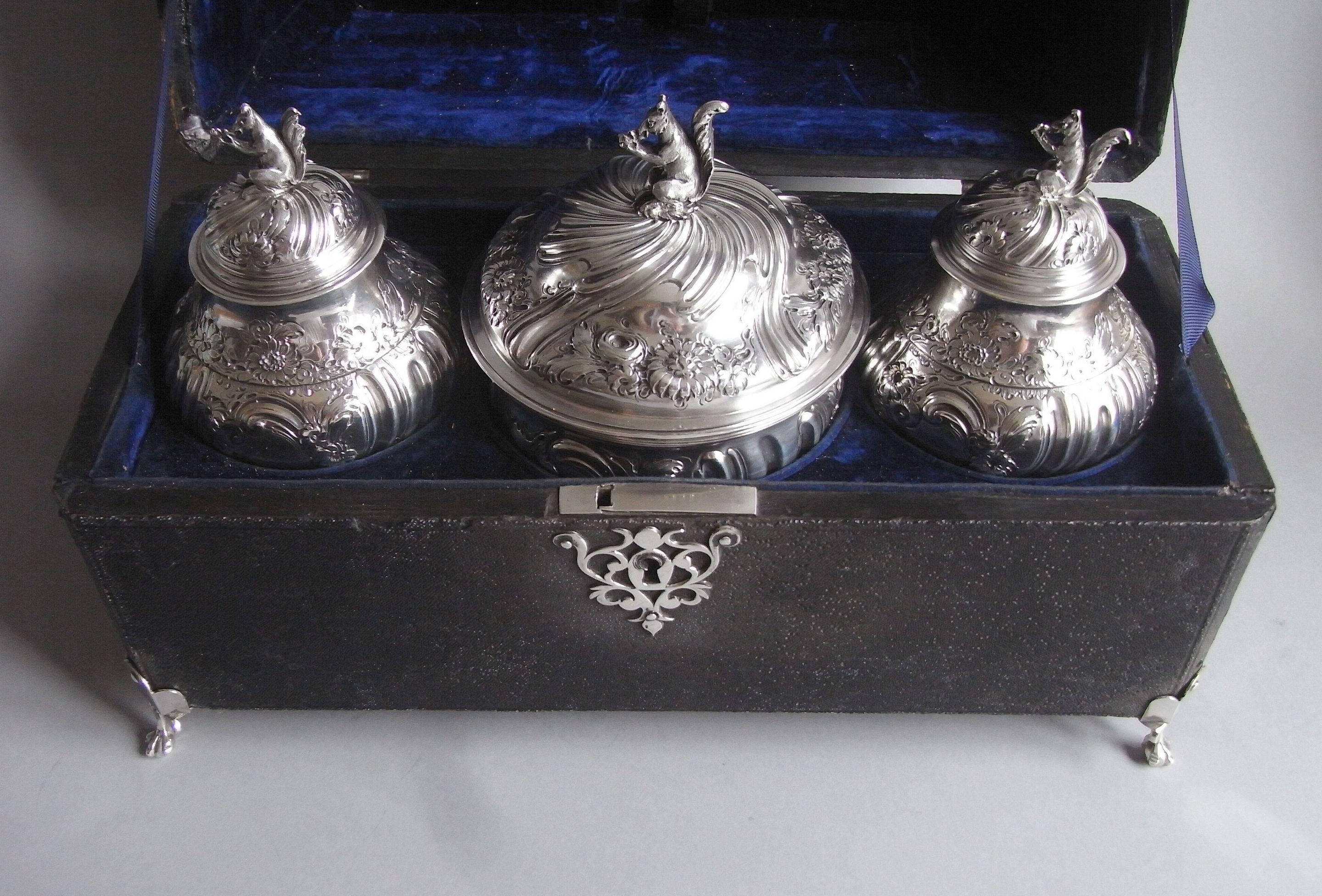 English Fine and Rare Pair of George II Tea Caddies with Matching Sugar/Mixing Bowl