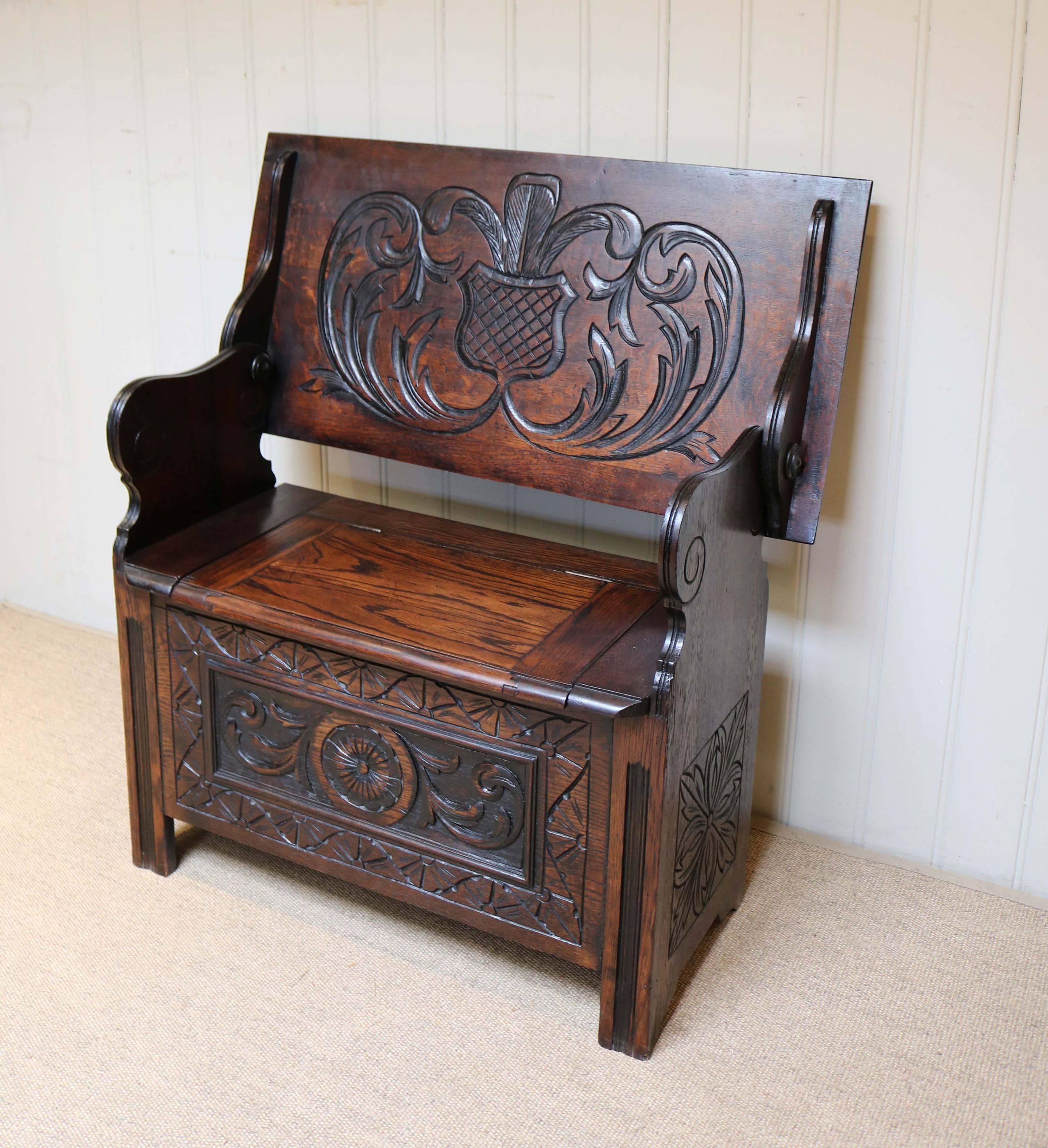 Late 19th Century Carved Oak Monks Bench For Sale