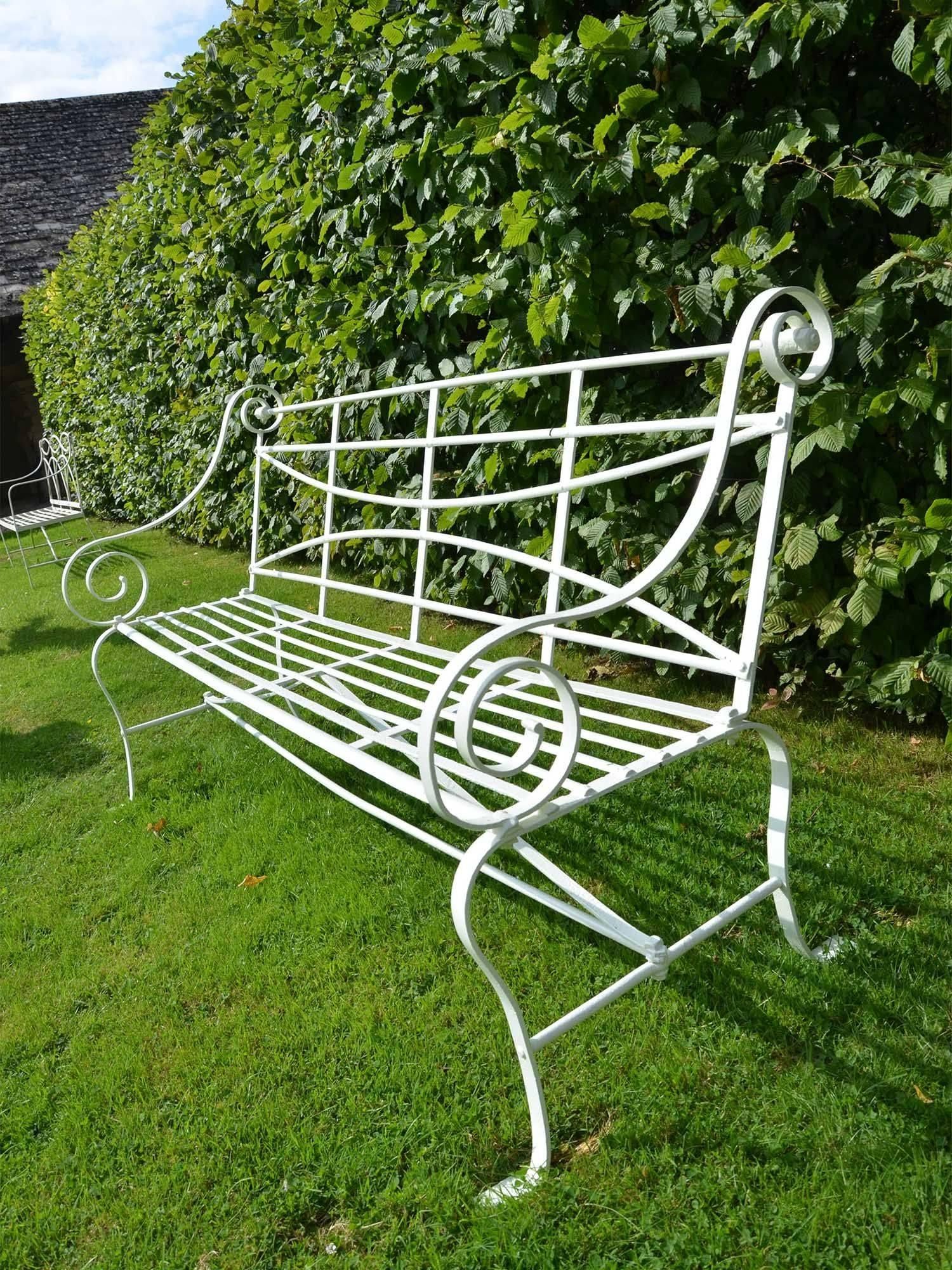 Wrought Iron Strap Work Garden Seat Having Cabriole Legs and Scroll Arms In Good Condition For Sale In Gloucestershire, GB