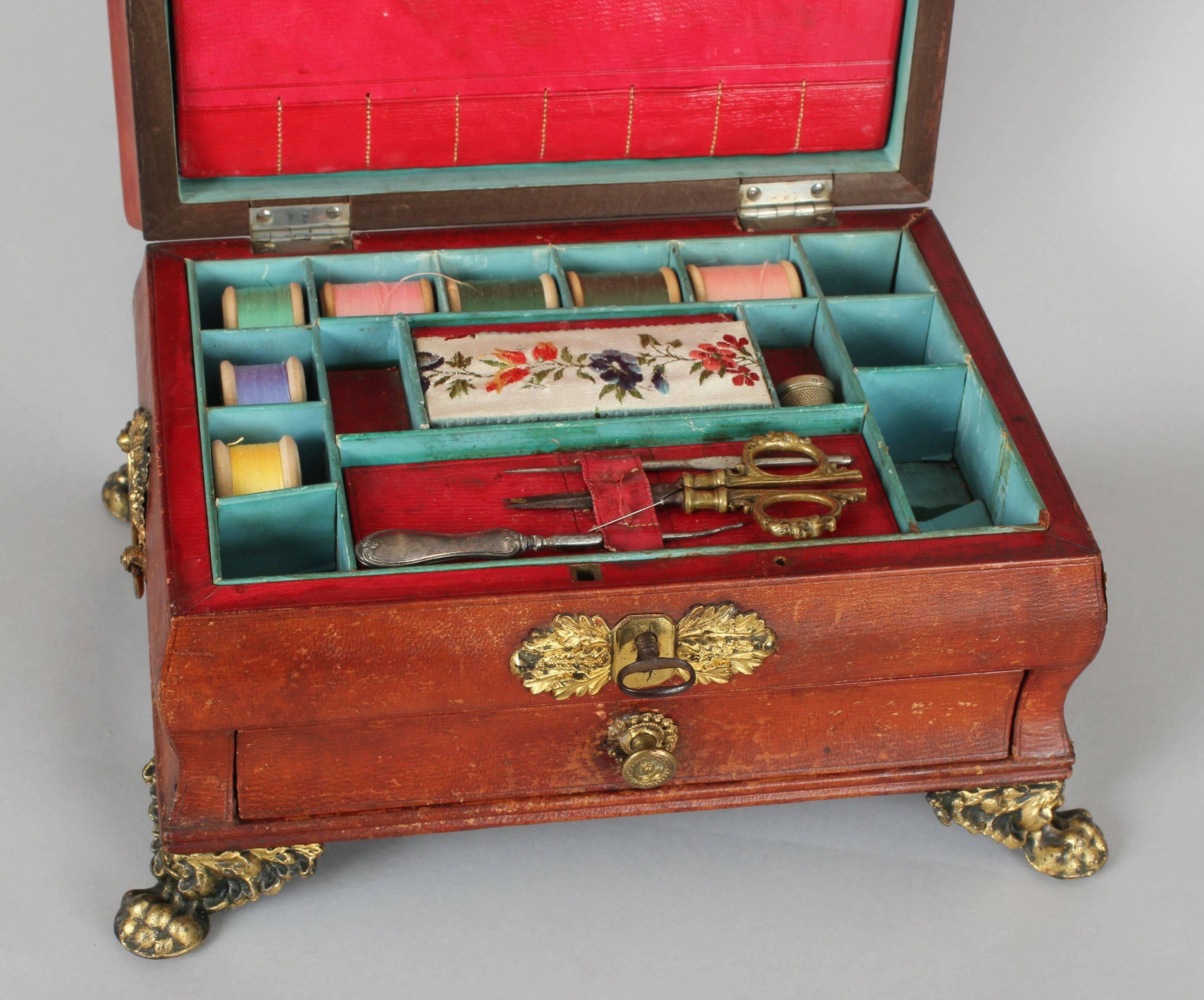 English Regency Period Red Russian-Leather Work-Box For Sale