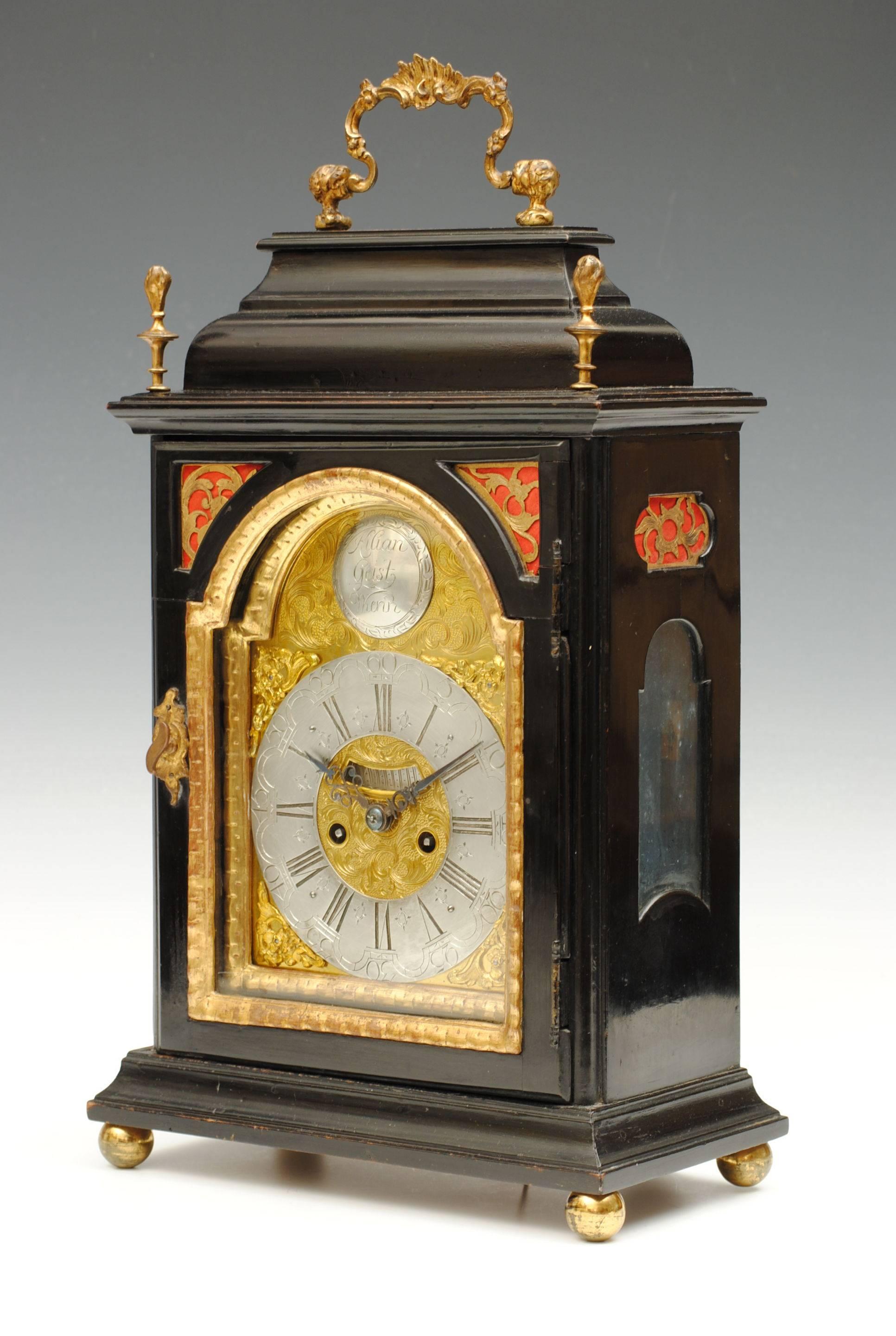 A charming small example of an Austrian ebonies bracket clock by Kilian Geist, Vienna. The 30 hour movement with two train and pull repeat. Original ormolu carrying handle.