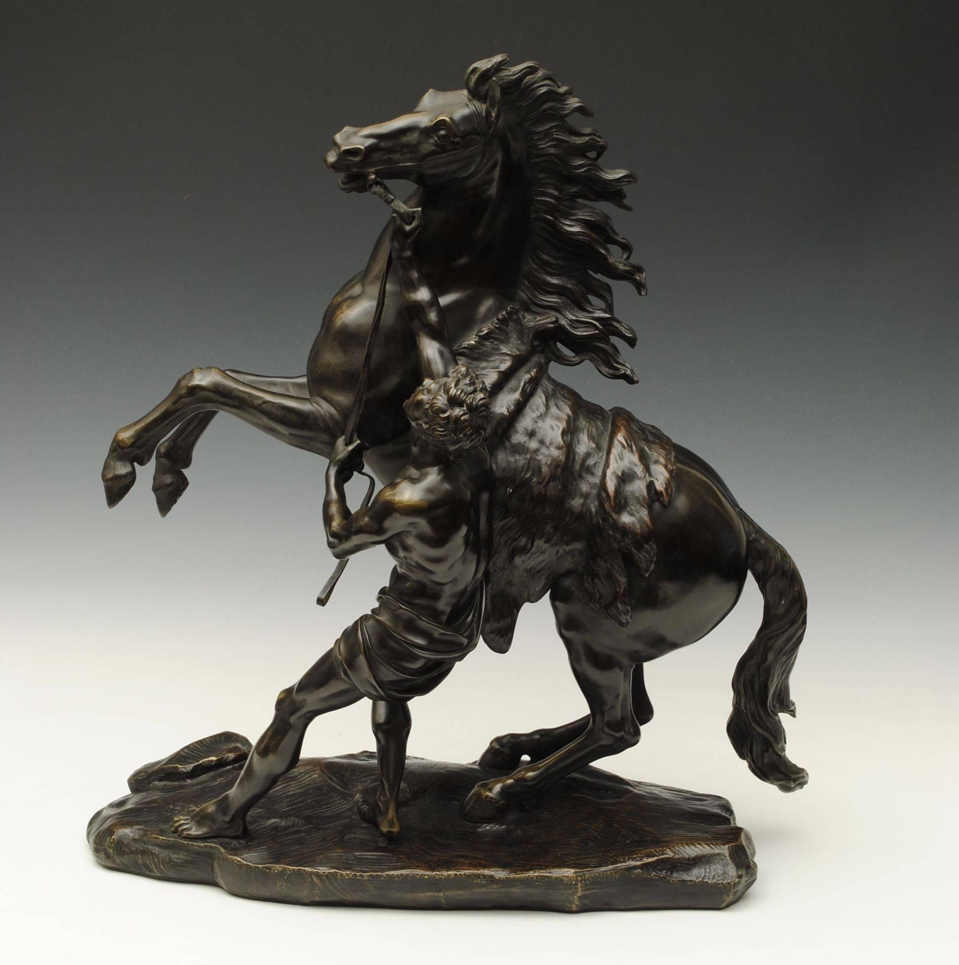 A very good pair of The Marley Horses after the original by Guillaume Coustou the Elder 1677-1746, the original ones in marble where commissioned for the Chateau De Marly in 1739. 
Very good quality castings and great patination.