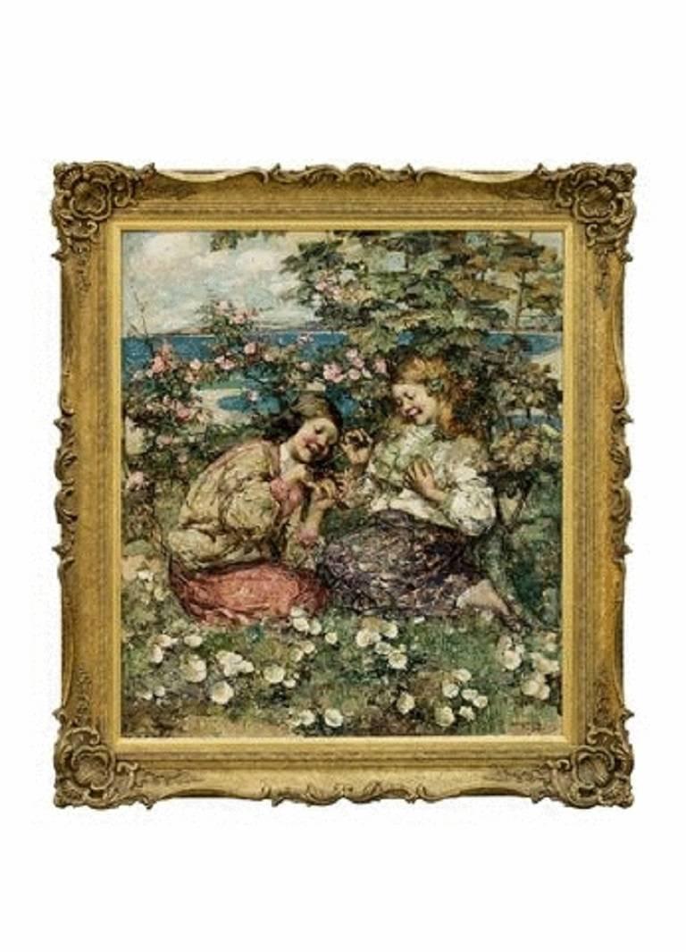 This painting shows two rosy-cheeked girls playing with a red admiral butterfly in a flower filled garden by the sea.