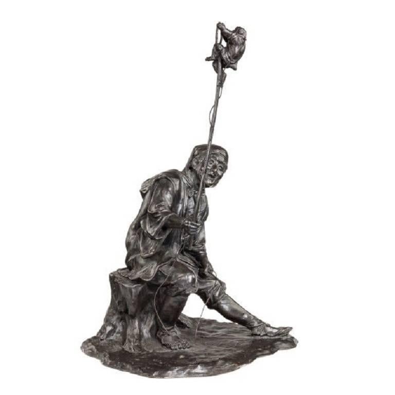 Early 20th Century Meiji Period Bronze Group of a Monkey Trainer by Seiya
