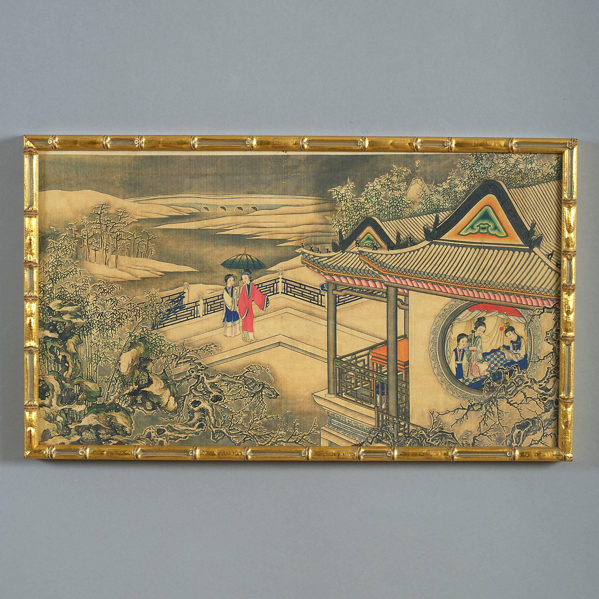 A pair of ink and watercolor landscapes depicting scenes of court life. 

These highly decorative water colors are painted on fabric and depict scenes from ‘The Dream of the Red Chamber’ - A mythical account of life during the Qing dynasty. These