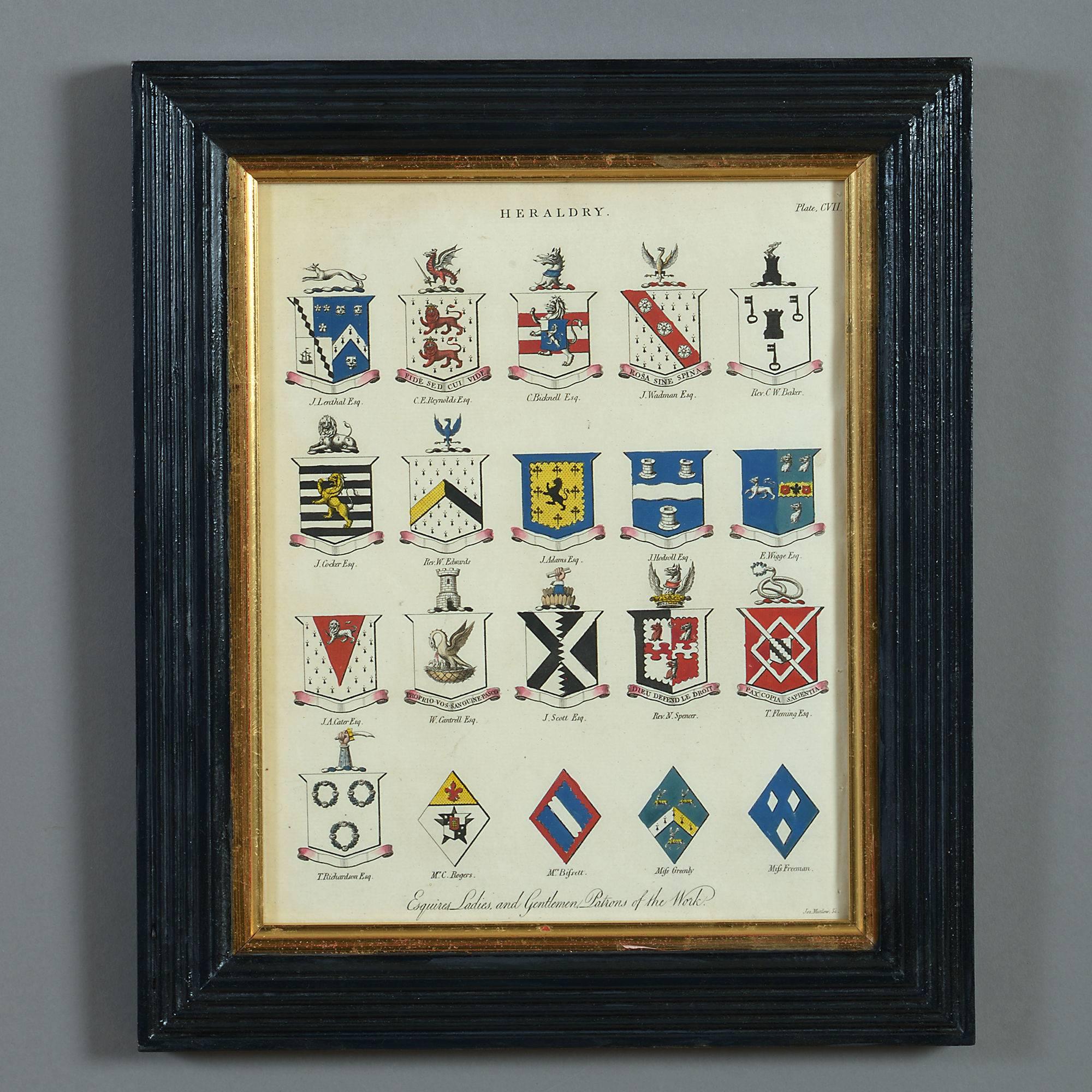 Hand Colored Heraldic Engravings Depicting the Arms of Esquires and Gentlemen In Good Condition In London, GB