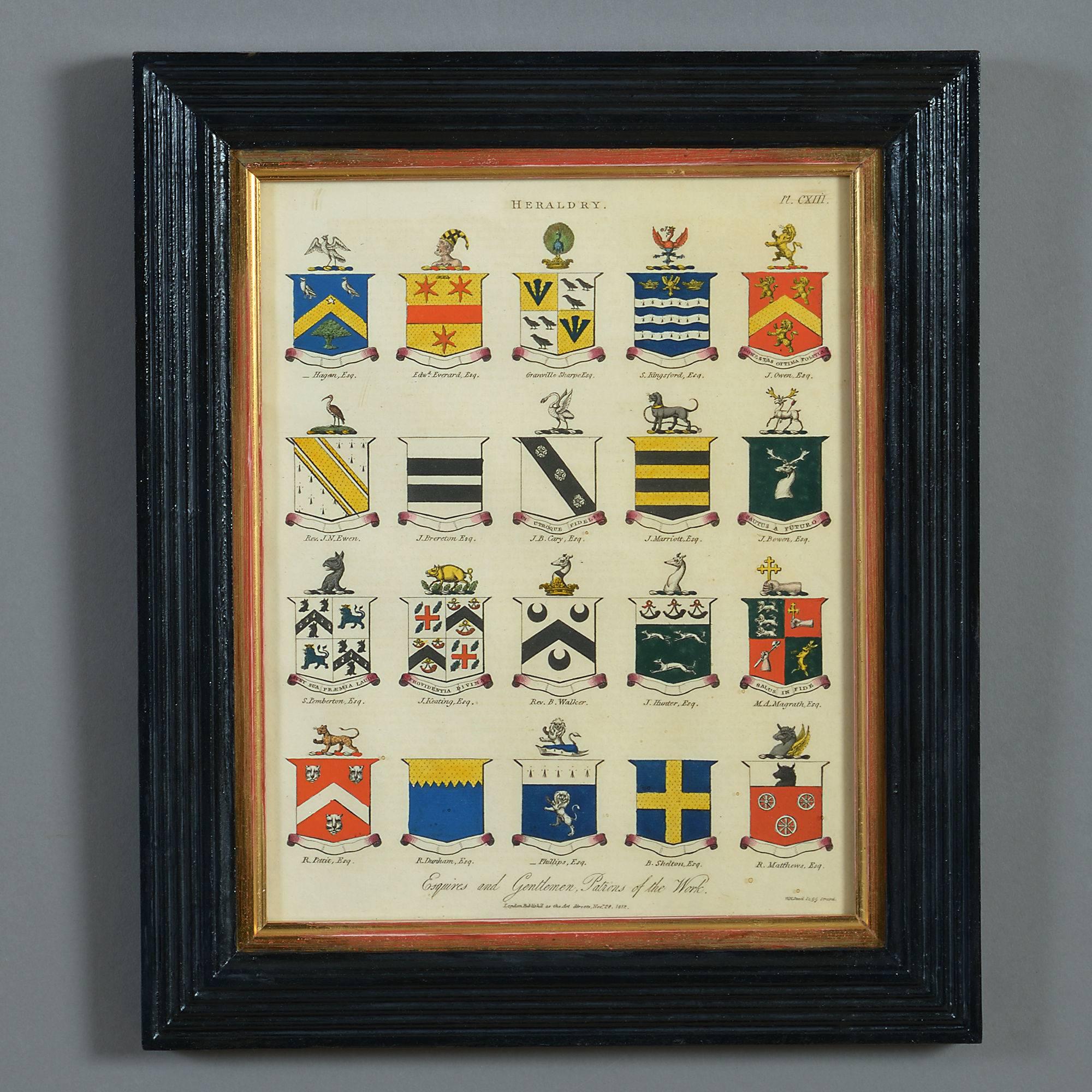 Early 19th Century Hand Colored Heraldic Engravings Depicting the Arms of Esquires and Gentlemen