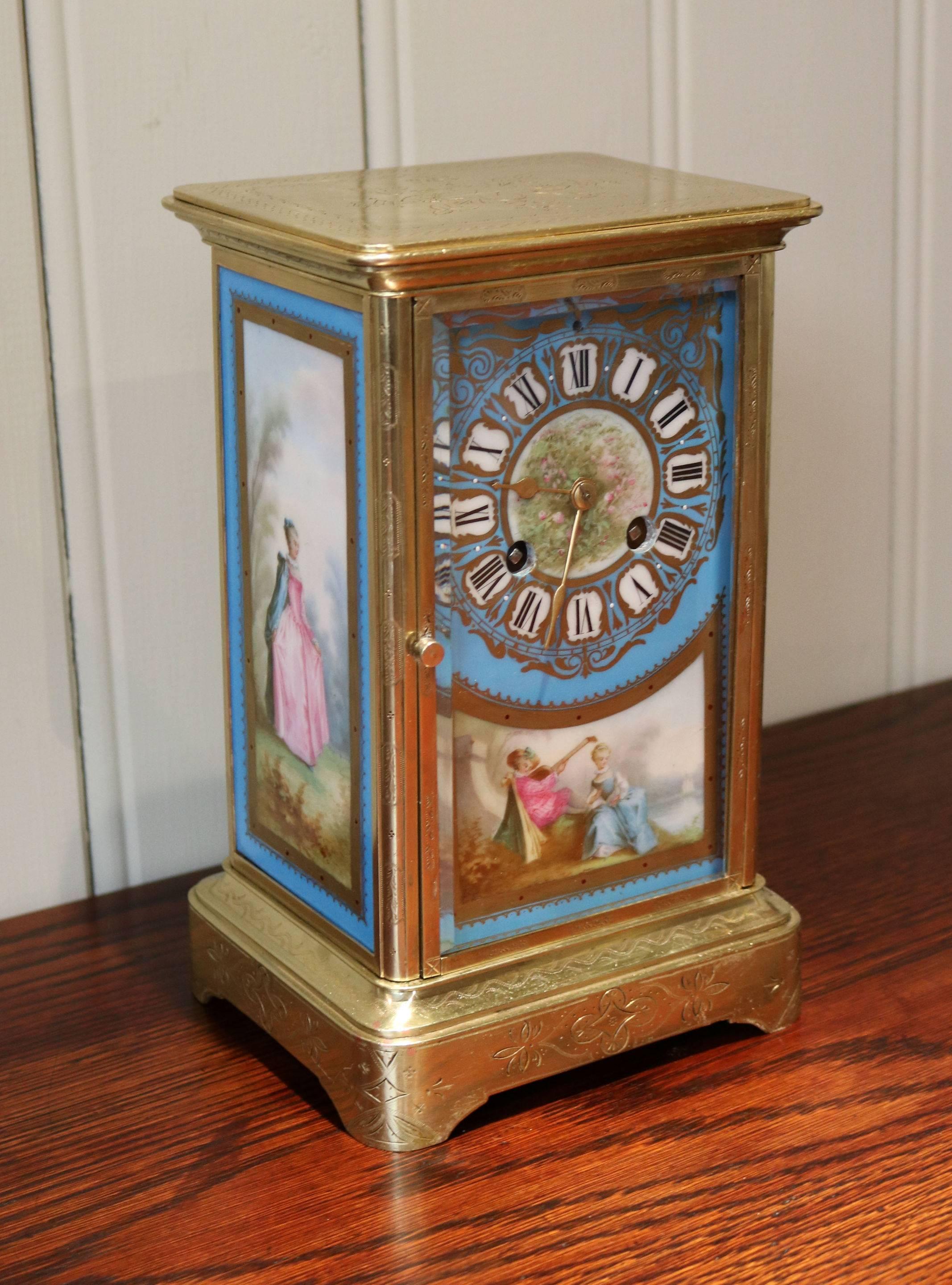 Porcelain Panel Bell Striking Four Glass Clock In Good Condition For Sale In Buckinghamshire, GB