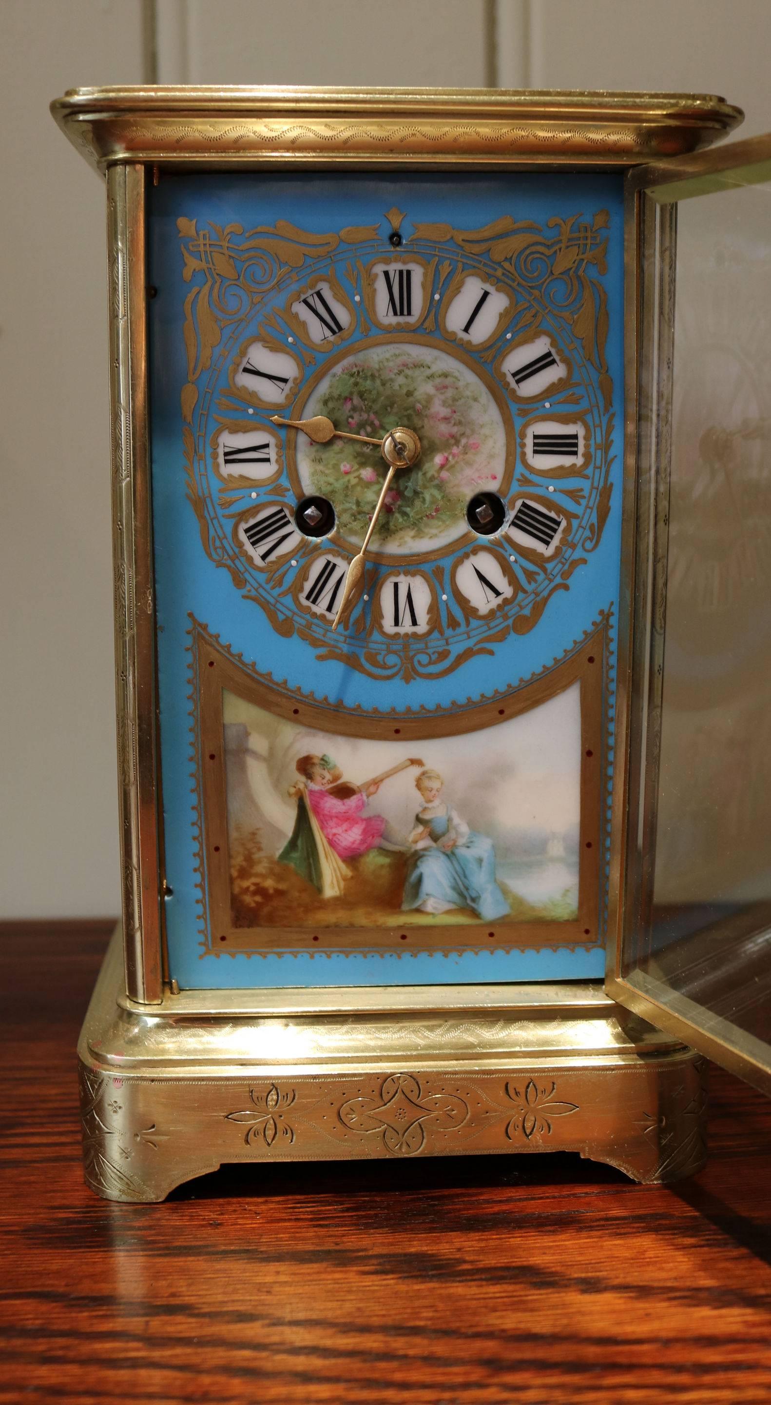 Late 19th Century Porcelain Panel Bell Striking Four Glass Clock For Sale