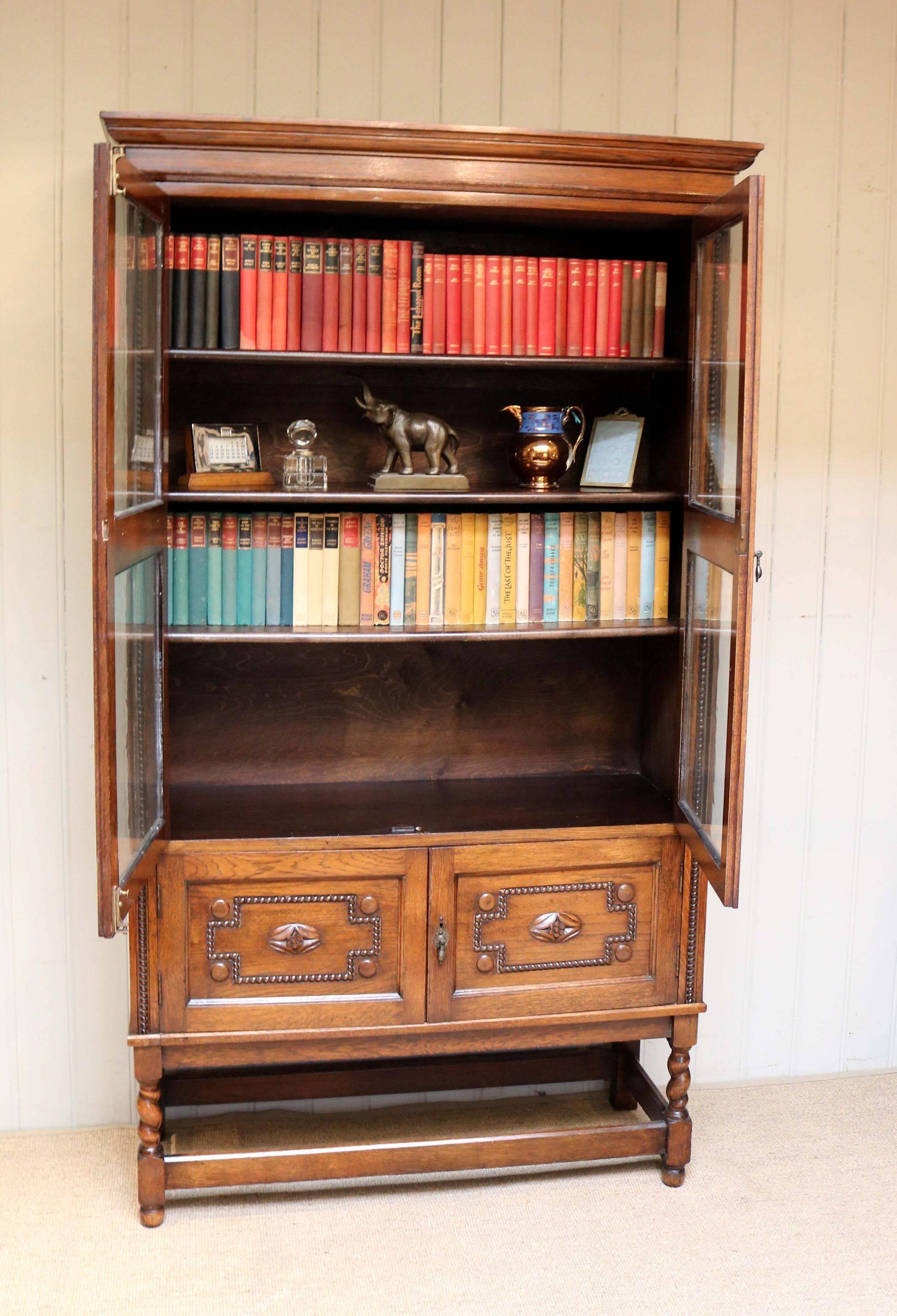 English Oak Glazed Cabinet or Bookcase For Sale