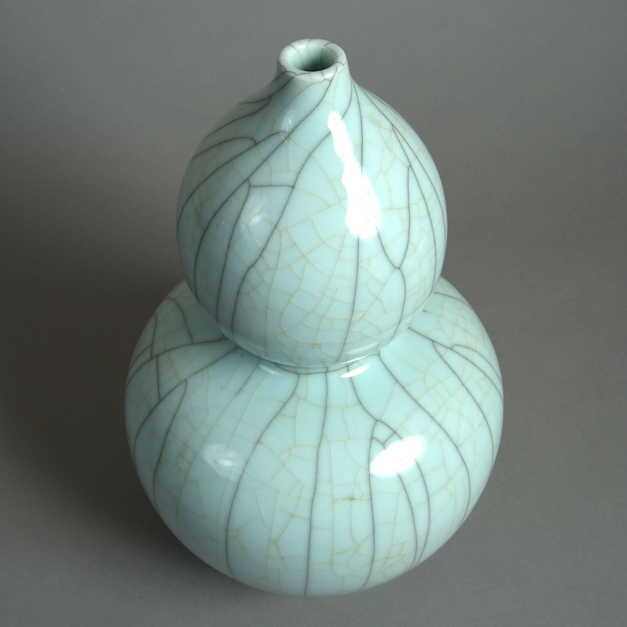 Chinese 19th Century Celadon Crackle Glazed Porcelain Gourd Vase