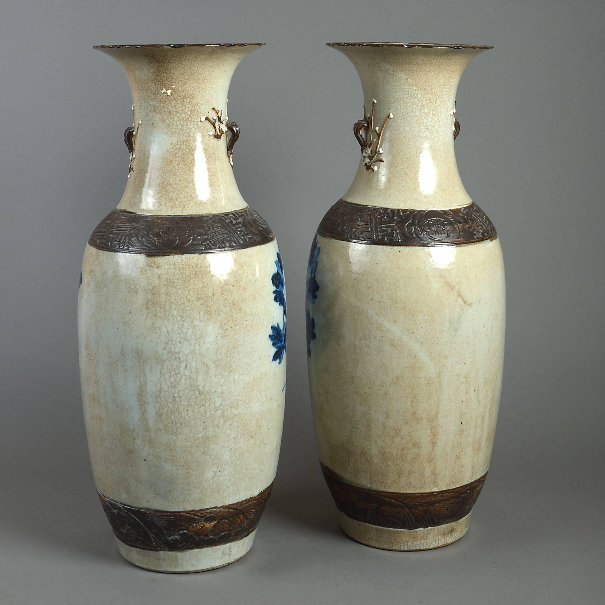 Chinese 19th Century Large-Scale Pair of Blue and White and Crackle Glaze Vases