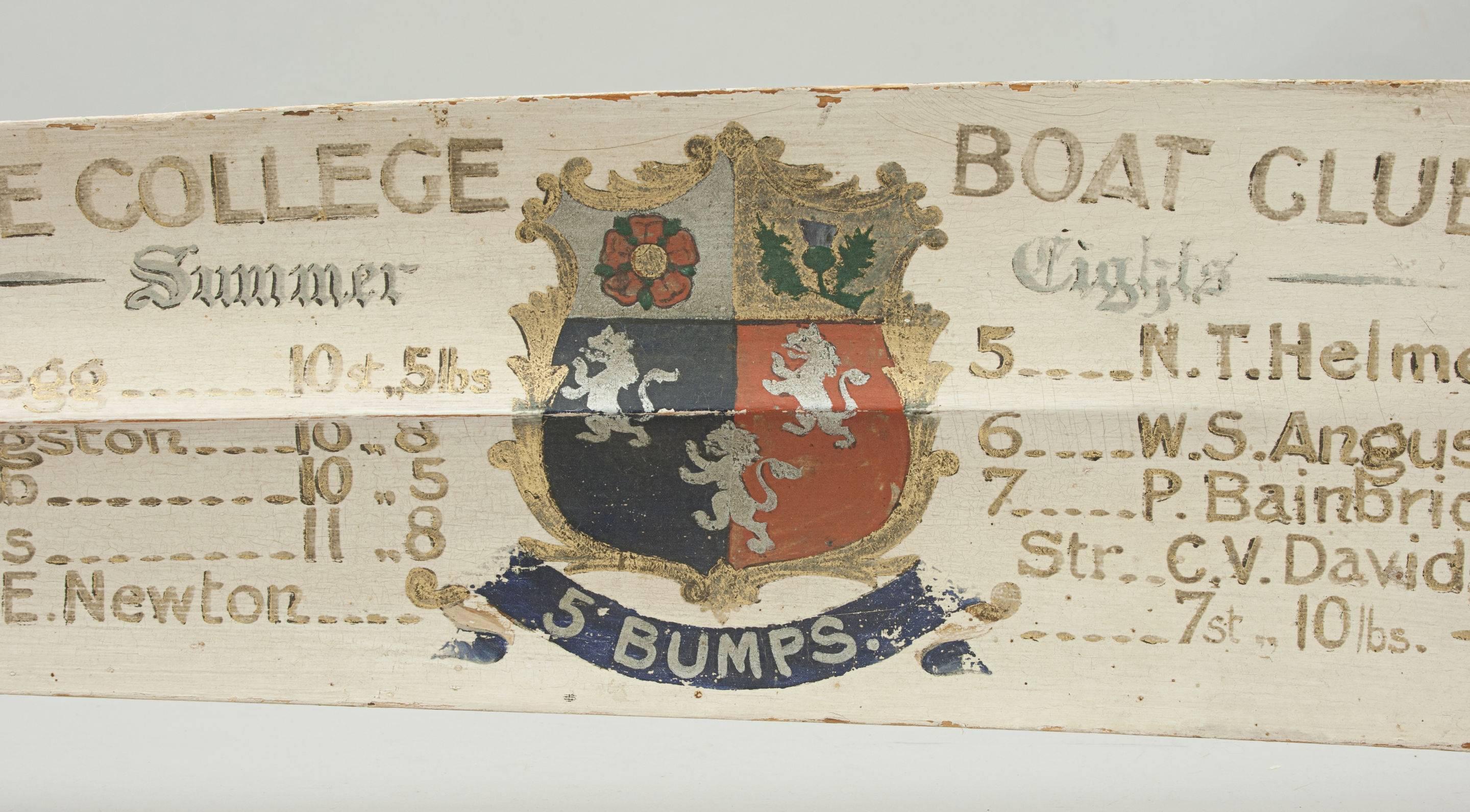 Pembroke College, Oxford, Presentation Oar, Trophy Blade, 1922. 
The oar is an original traditional Pembroke College presentation full length rowing oar with gilt calligraphy and college insignia. The writing on the trophy blade is in good