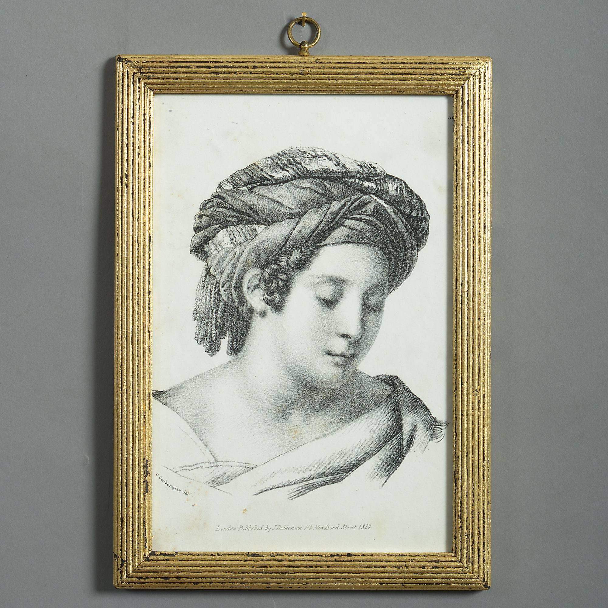 A set of 12 early 19th century etchings, each a study of a male or female face, depicted in the Greek and Roman tastes, defining beauty in the Classical manner. 

Set is reeded gilt frames. 

Framed dimensions listed refer to each individual
