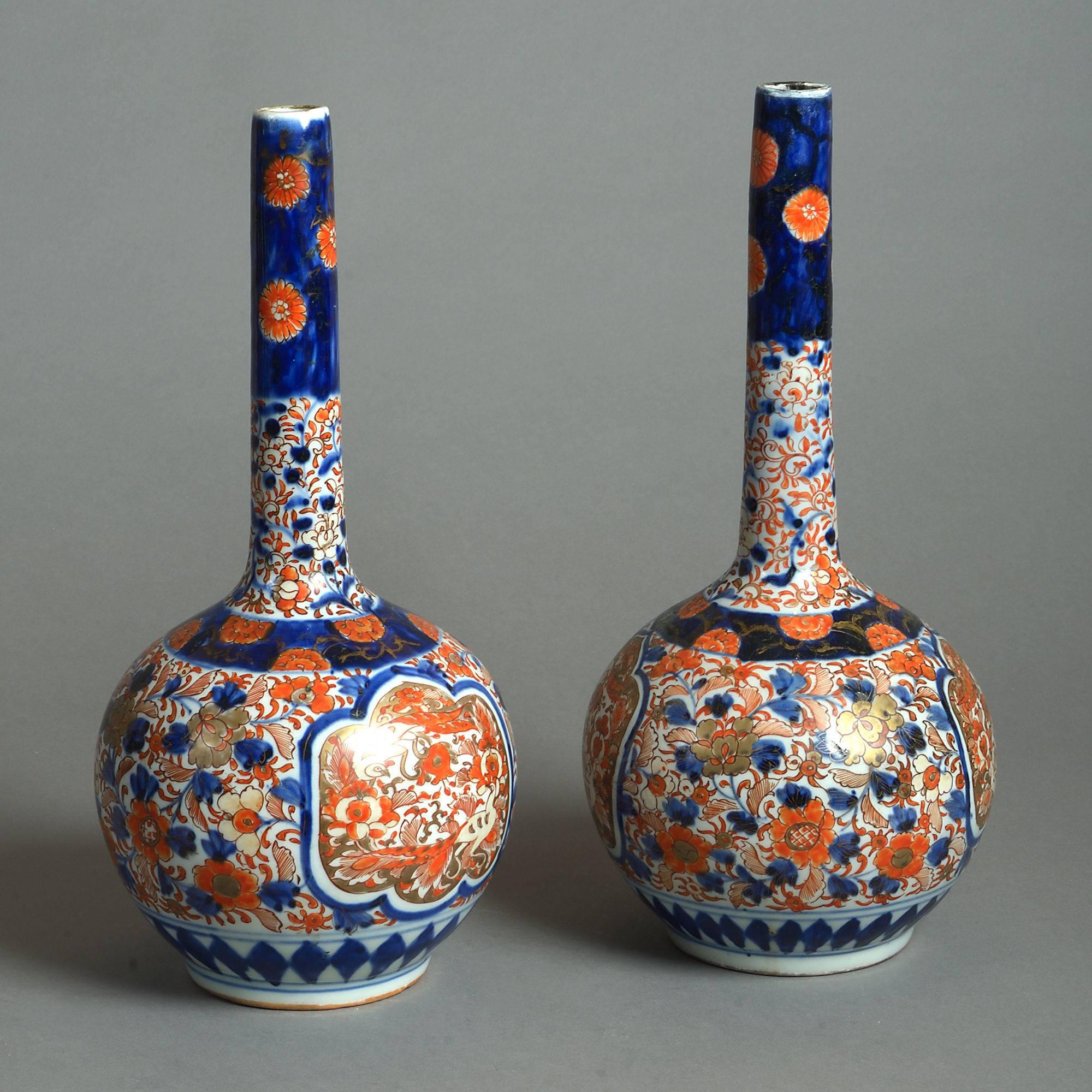 Japanese Pair of 19th Century Imari Bottle Vases