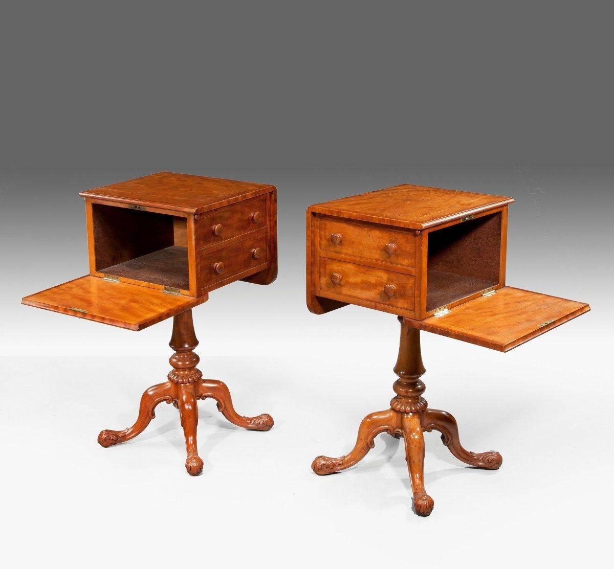 These table are without a shadow of doubt made by Gillows of Lancaster around the 1840s. Each cupboard has two flaps and two dummy draw fronts. There is a mechanism on each cupboard to the side that allows a flap to drop and reveal the interior. The