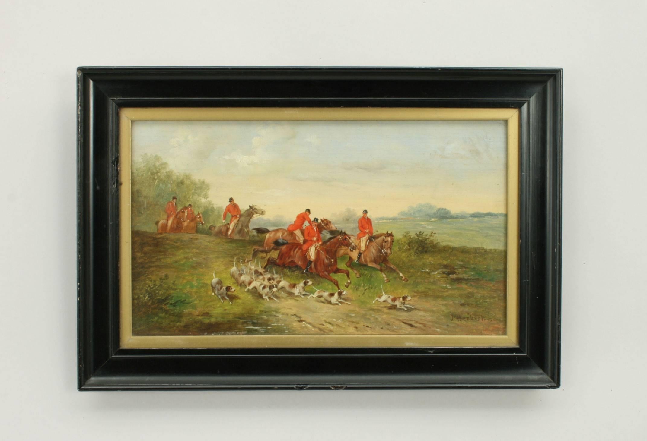Equestrian fox hunting paintings.
A pair of fine hunting paintings by J. Herbert. The colourful pair of fox hunting oil on board paintings are signed in the lower right-hand corner 'J. Herbert'. A very nice pair of small oil paintings in original