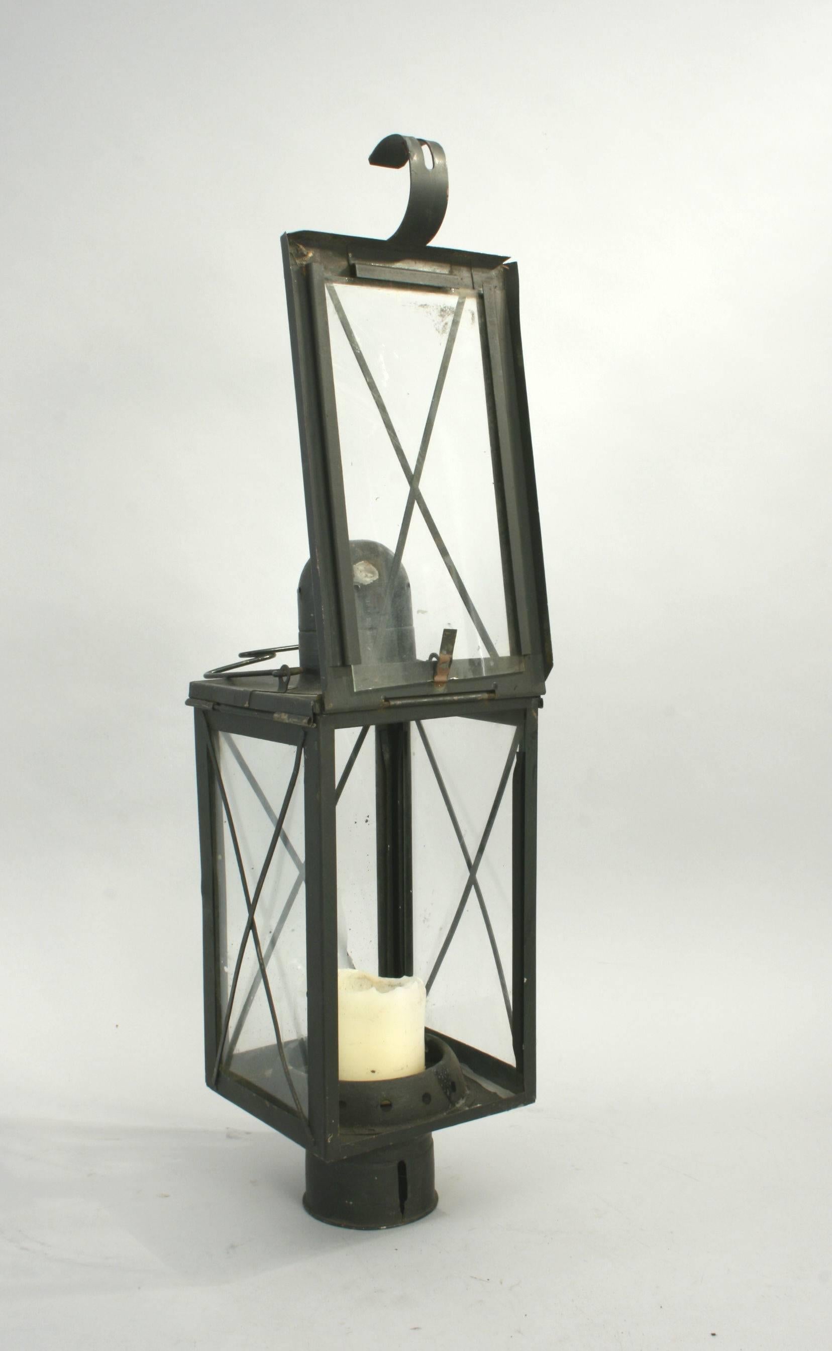 Edwardian Vintage Metal Lantern with Four Glass Pains with Metal Diagonal Protection Rods For Sale