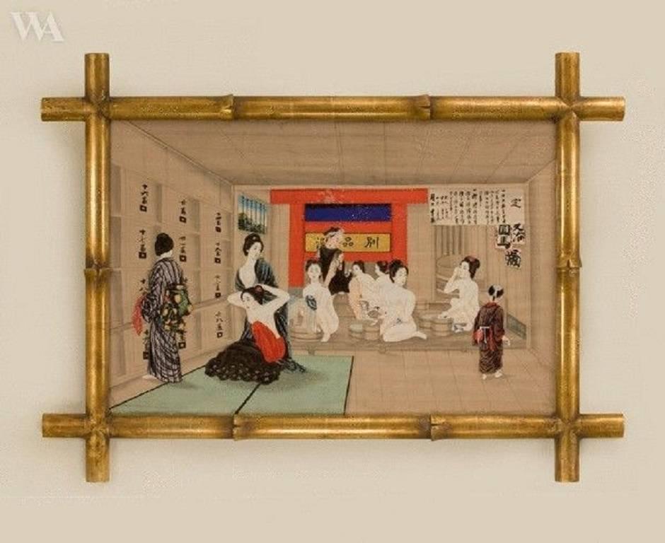 One of families promenading beside a lake, the other showing ladies in the bath house, each within an English gilt faux-bamboo frame.