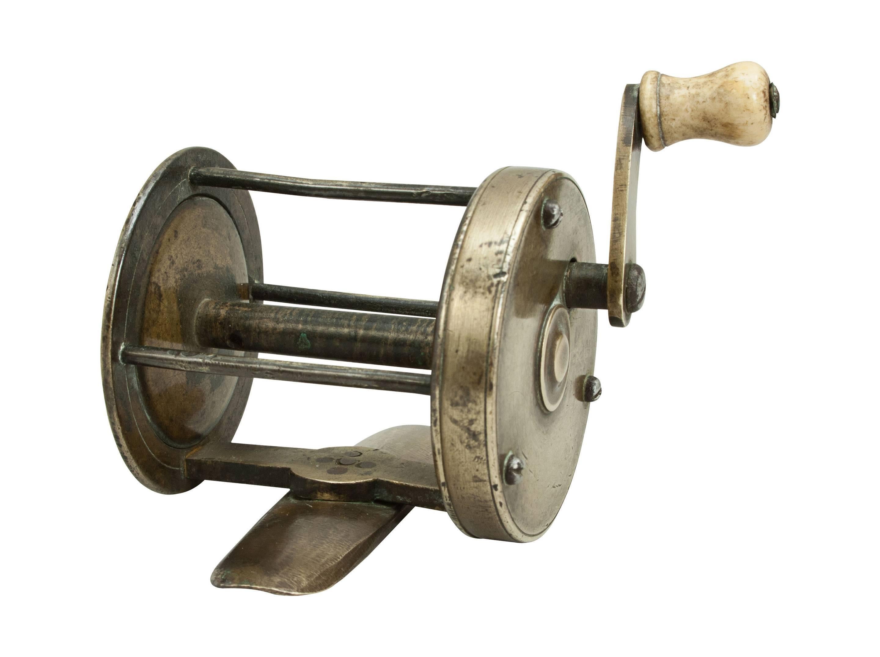Early brass multiplier trout fishing winch. A fine little reel with brass crank and bone handle.
