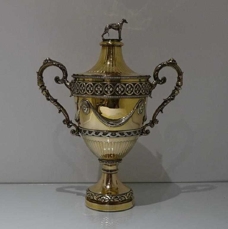 A truly spectacular large silver gilt partial fluted cup and cover with detachable lid which is crowned with a stylish grey hound finial. The body of the cup has bead highlights which is set between an ornate border under which sits elegant streams