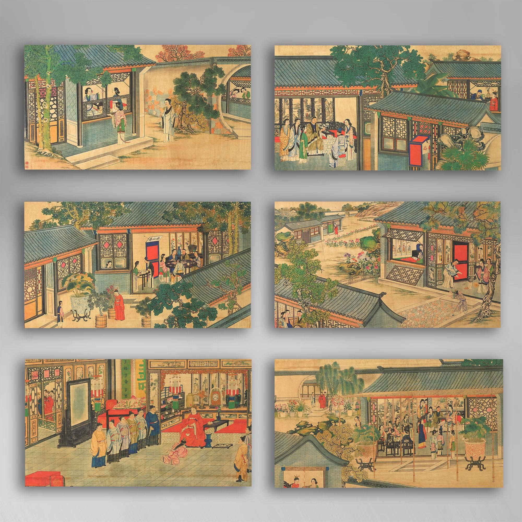 24 ink and watercolor landscapes depicting scenes of court life.

These highly decorative water colors are painted on fabric and depict scenes from ‘The Dream of the Red Chamber’ - A mythical account of life during the Qing dynasty.